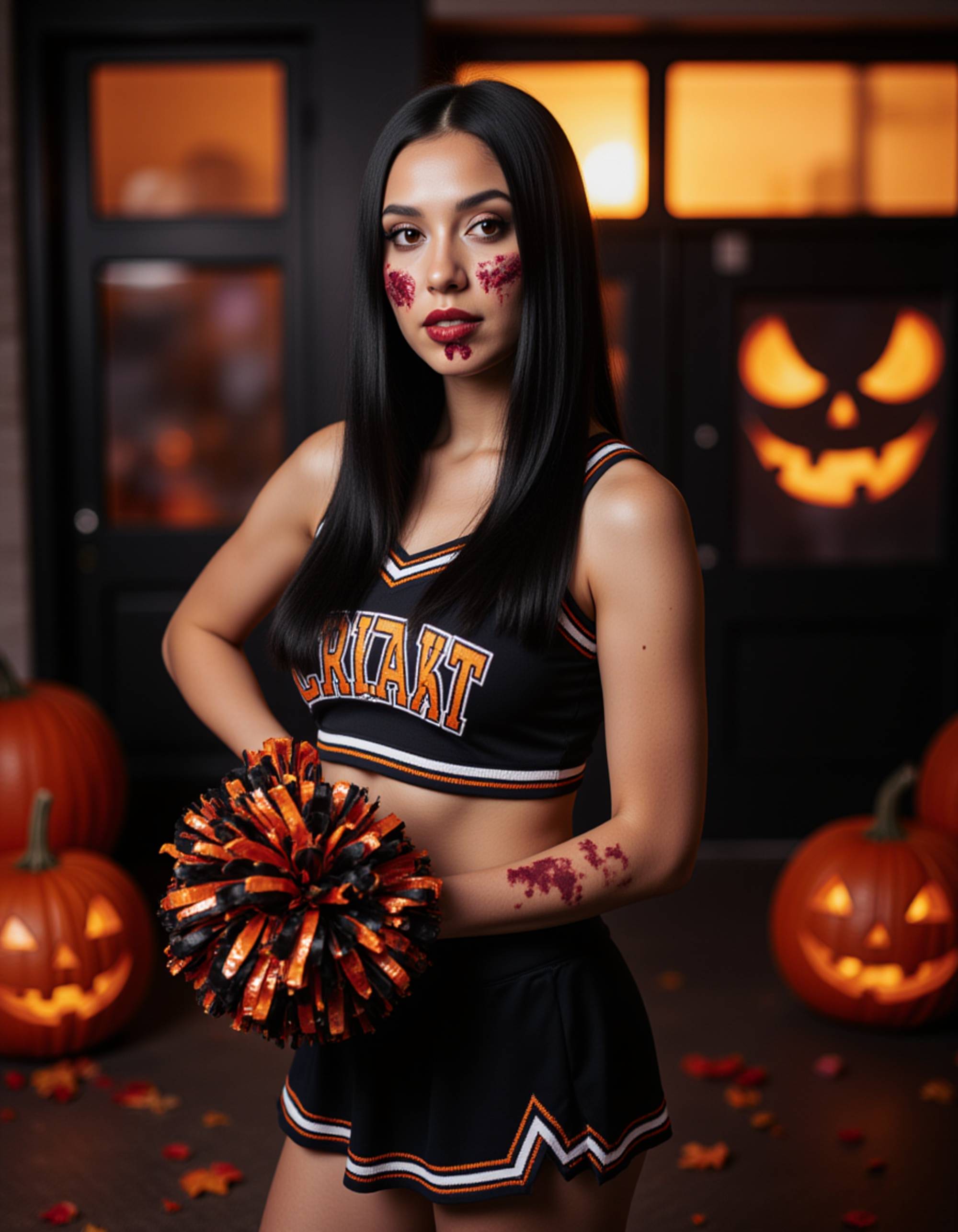 A model in a zombie cheerleader costume with torn pom-poms, disheveled uniform, and dramatic makeup, posed in front of a haunted school backdrop with jack-o'-lanterns