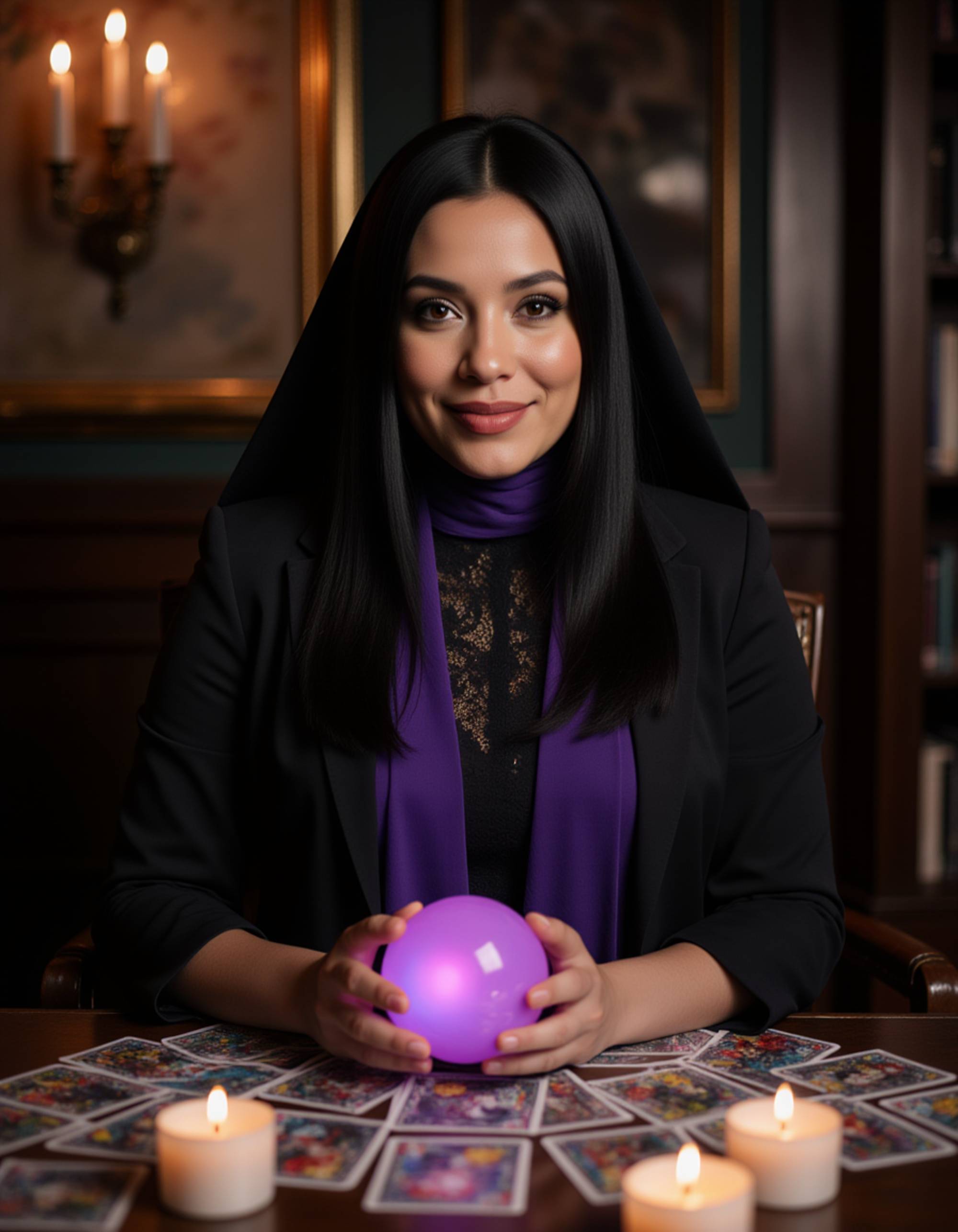 A model wearing a mystical fortune teller costume with flowing scarves, crystal ball in hand, sitting at a table with candles and tarot cards in a dimly lit spooky parlor