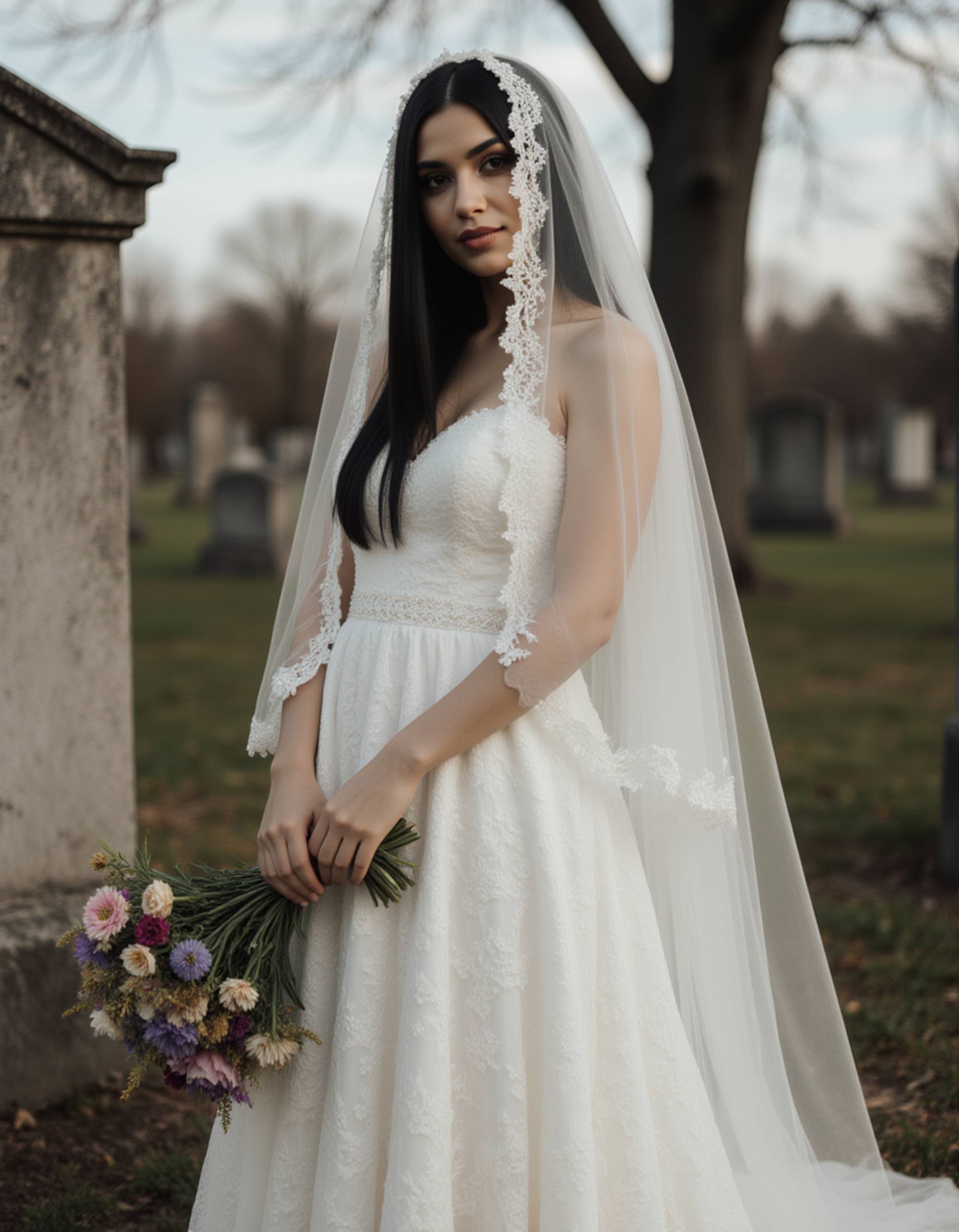 A model dressed as a classic ghost bride in a tattered white wedding dress with veil, holding wilted flowers, standing in an old cemetery with weathered headstones and bare trees