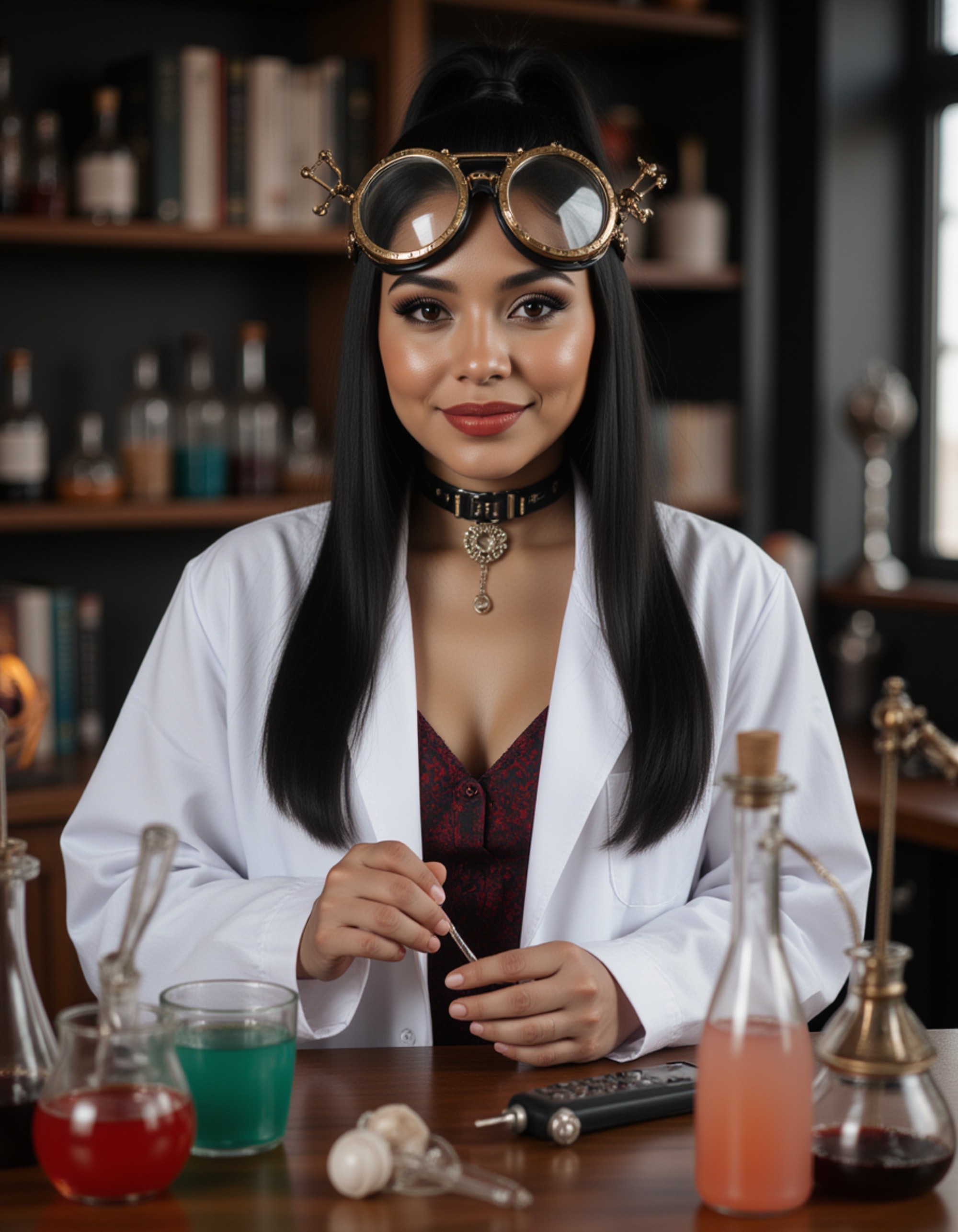 A model in a steampunk mad scientist costume with goggles, lab coat, and mechanical accessories, surrounded by bubbling potions and Halloween laboratory equipment