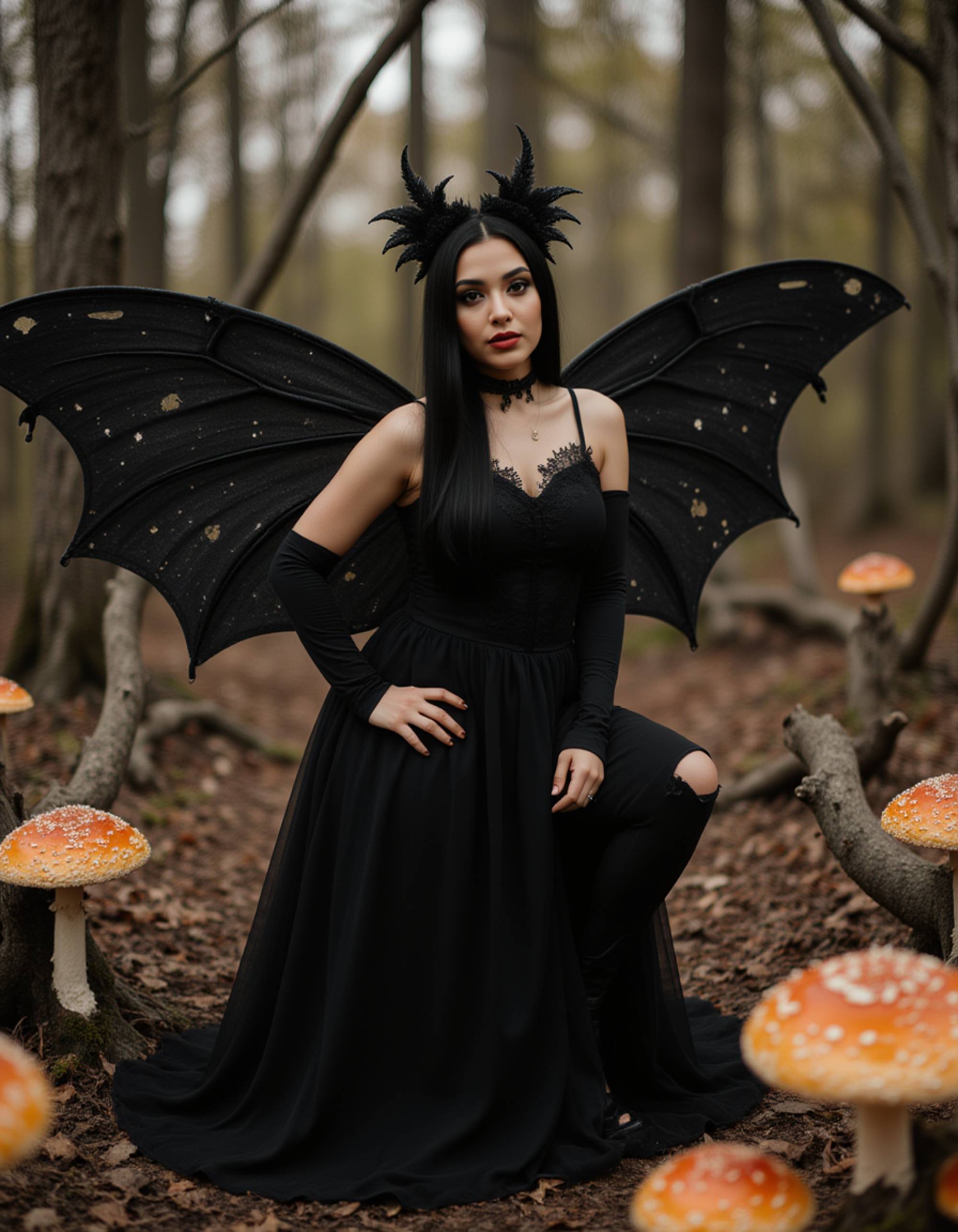 A model wearing a dark fairy costume with torn black wings, gothic makeup, and thorny accessories, posed among twisted branches and glowing orange mushrooms in an enchanted forest