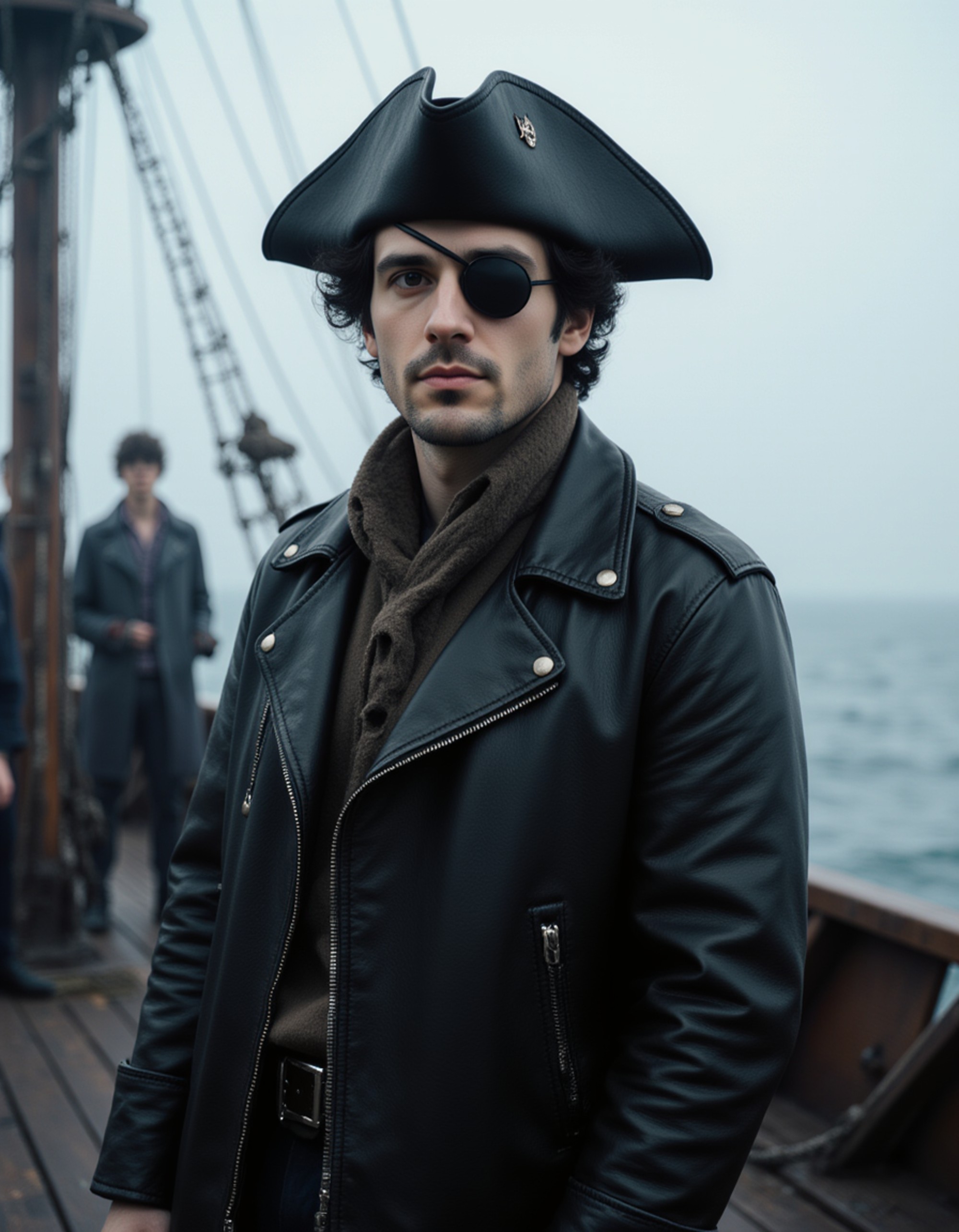 A model dressed as a pirate captain with tricorn hat, eye patch, and leather coat, standing on a ghostly ship deck with skeleton crew members and fog rolling across the water