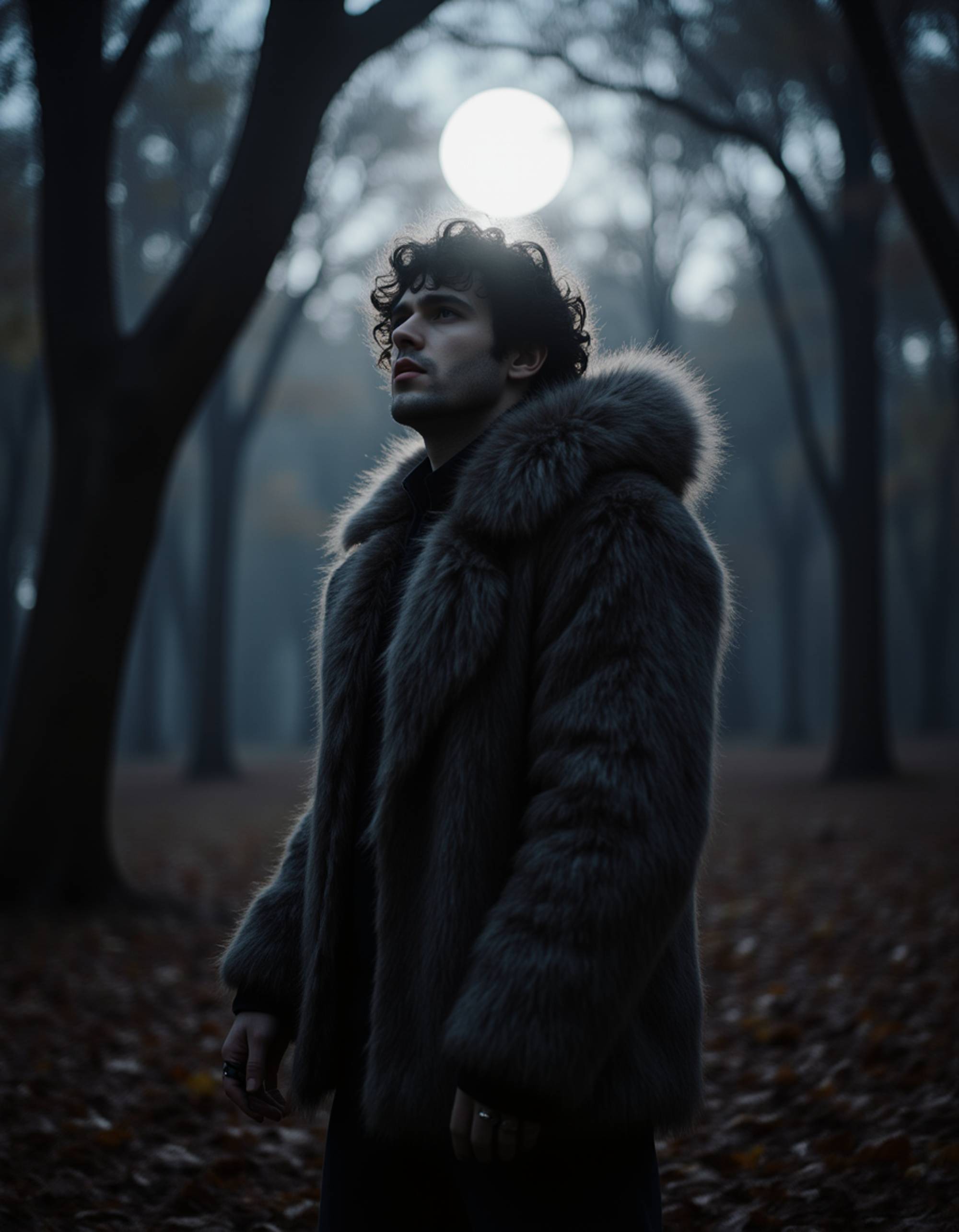 A model wearing a werewolf costume with fur details, claws, and dramatic makeup, howling at the moon in a dark forest clearing surrounded by twisted trees and autumn leaves