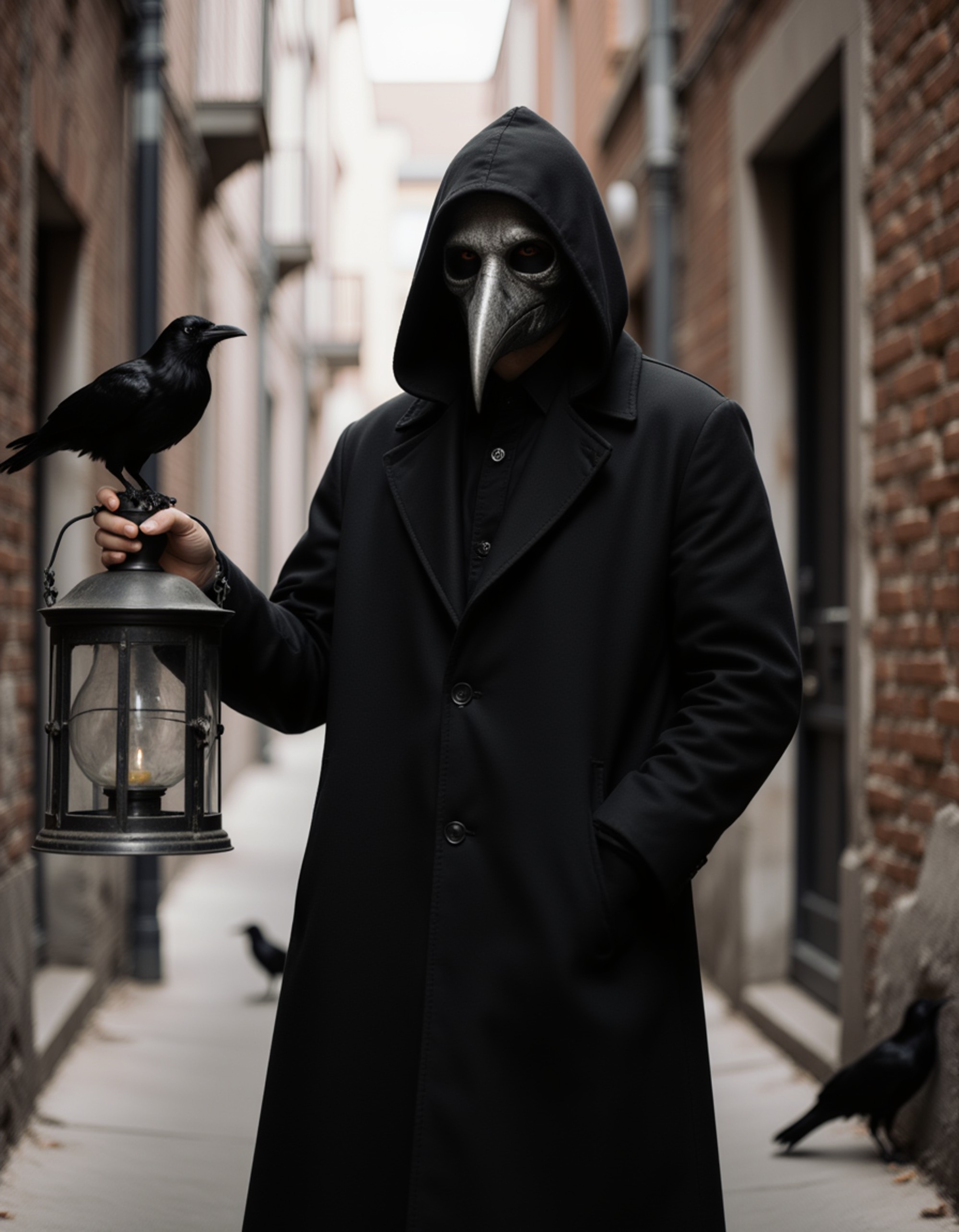 A model in a vintage plague doctor costume with long black robe and iconic bird-like mask, holding an antique lantern in a medieval cobblestone alley with ravens perched nearby