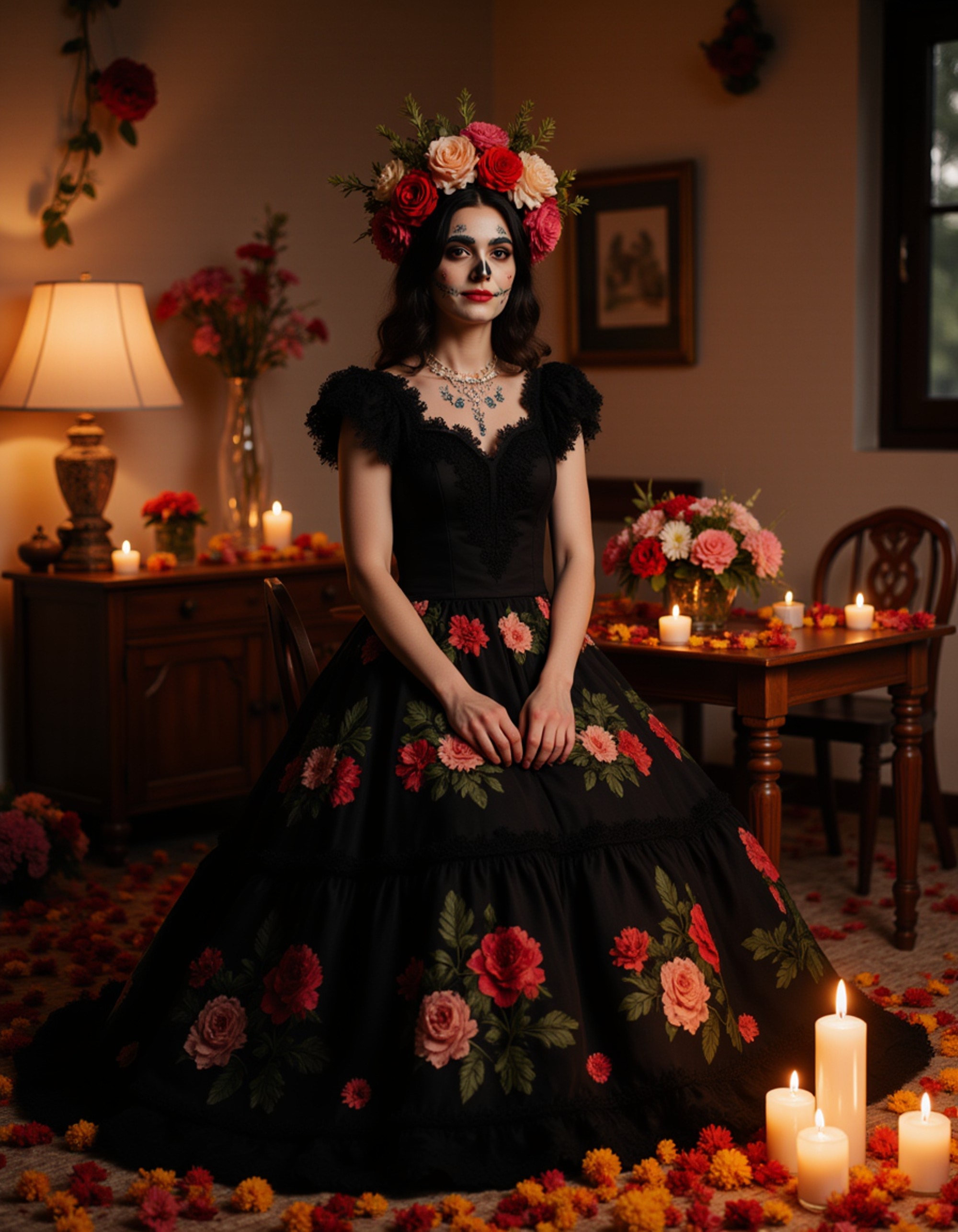 A model dressed as a sugar skull catrina with intricate face paint, flowing black dress with floral patterns, surrounded by marigolds and candles in a Day of the Dead altar setting