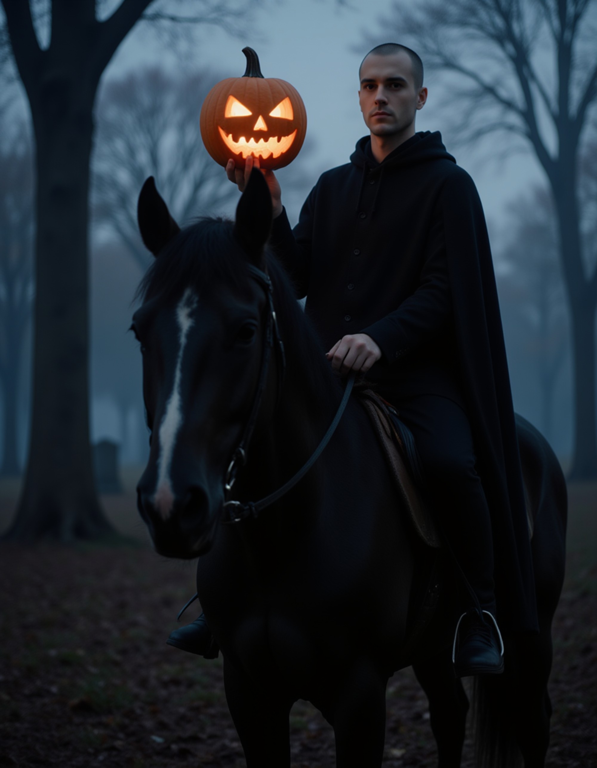 A model in a headless horseman costume with dark cape and colonial attire, holding a carved pumpkin head, mounted on a black horse in a misty graveyard at midnight