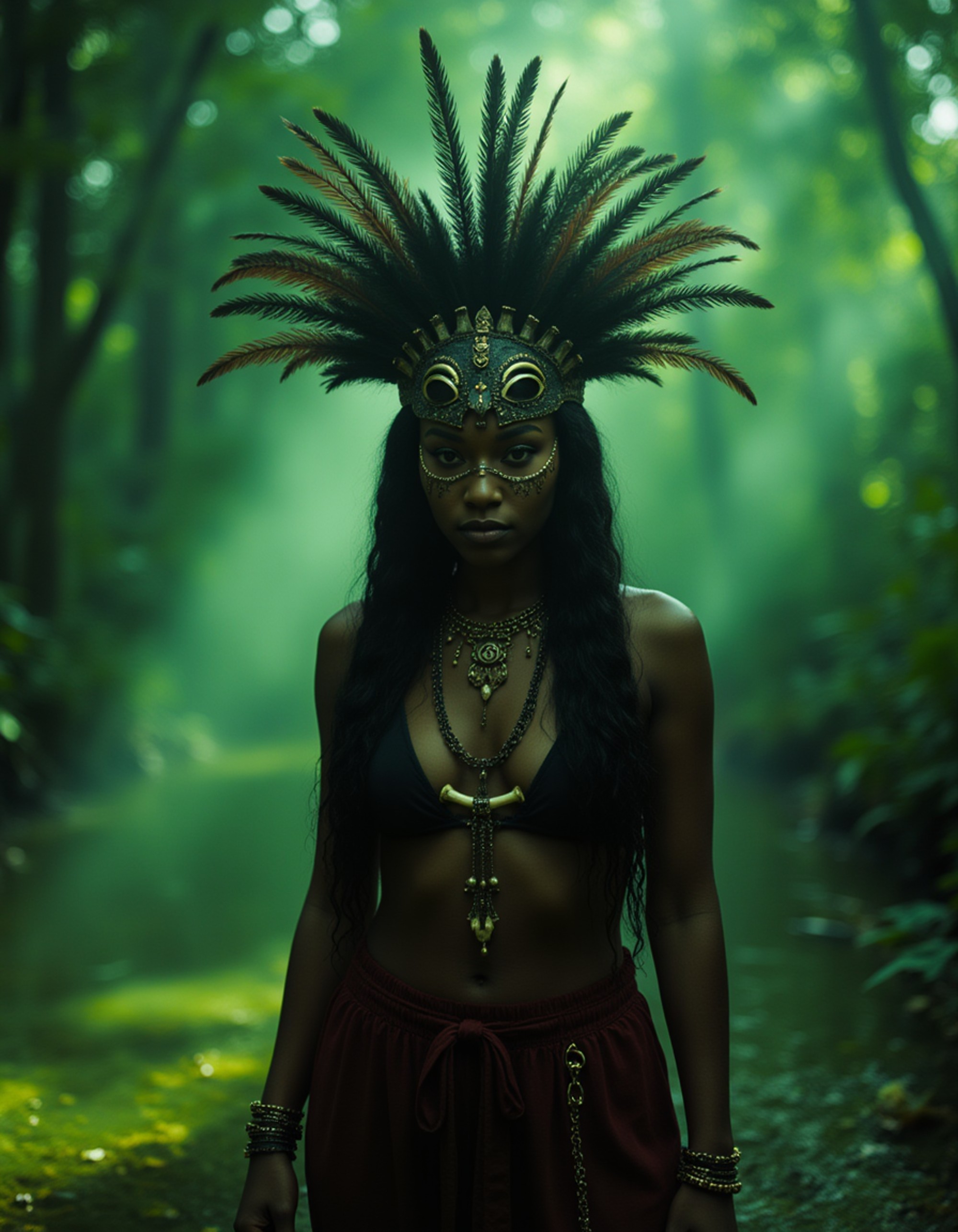 A model dressed as a witch doctor with tribal mask, feathered headdress, and bone accessories, standing in a swamp setting with glowing green mist and ancient voodoo symbols