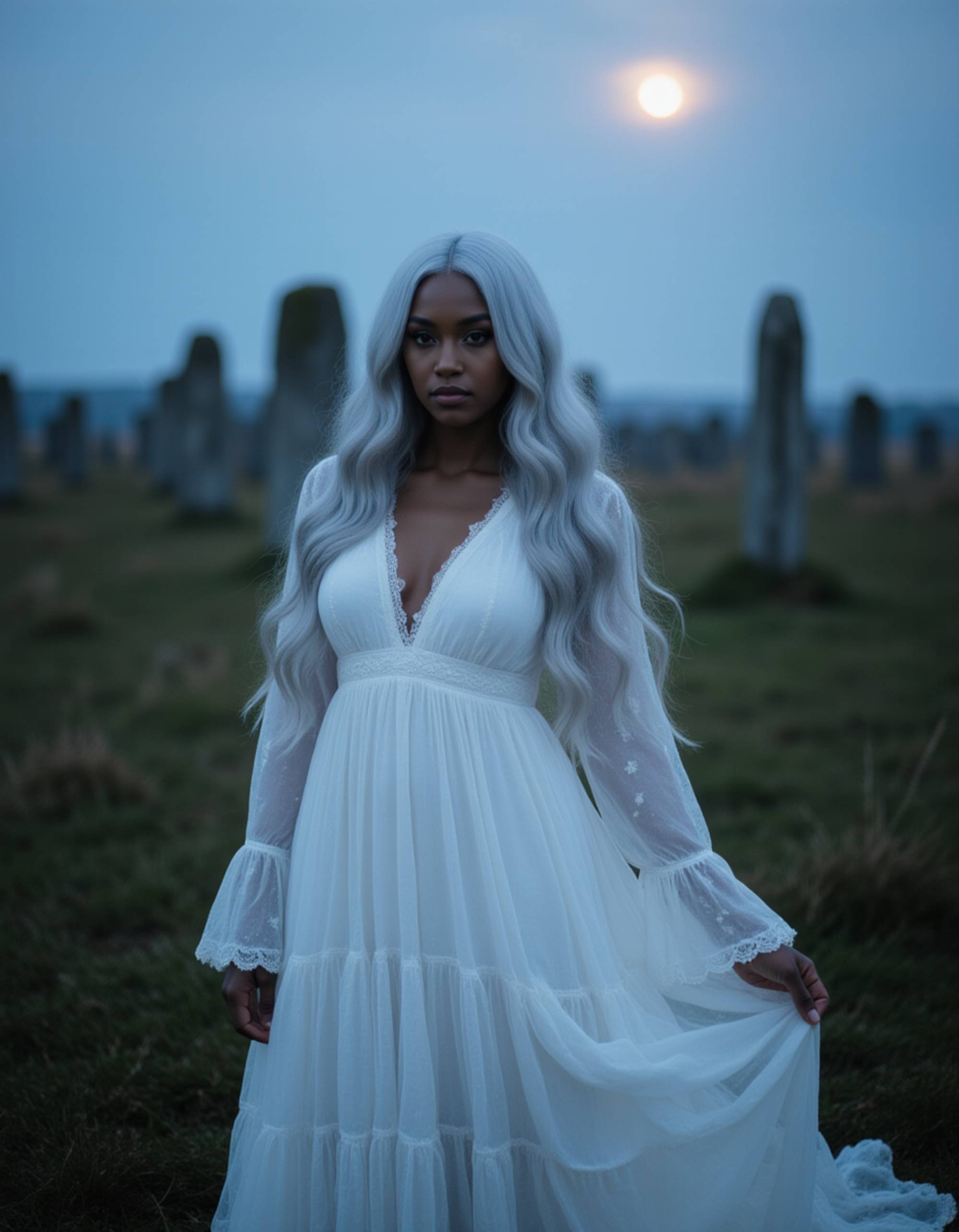 A model wearing a banshee costume with flowing white ethereal dress, long silver hair, and pale makeup, floating above a moonlit Irish moor with ancient stone circles