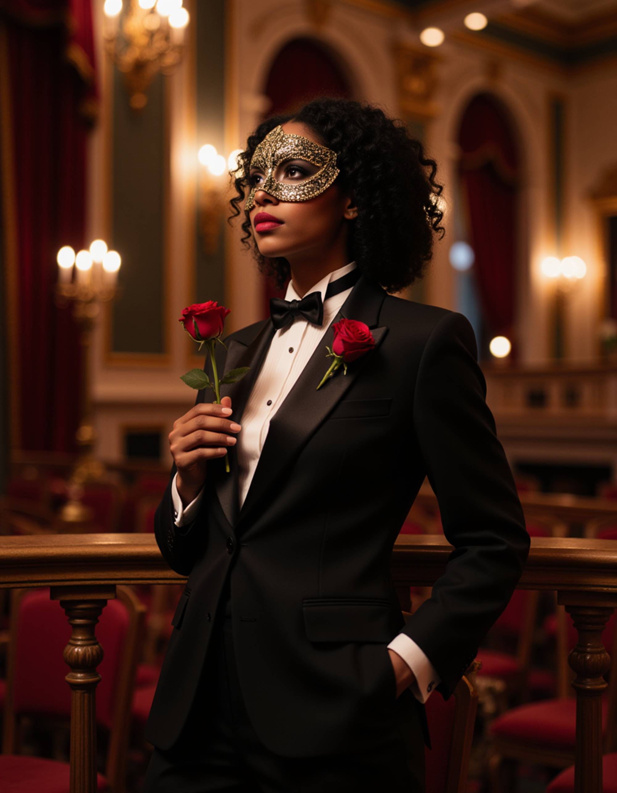 A model in a phantom of the opera costume with half-mask, elegant black tuxedo, and red rose, posed in an ornate theater balcony with candelabras and velvet curtains