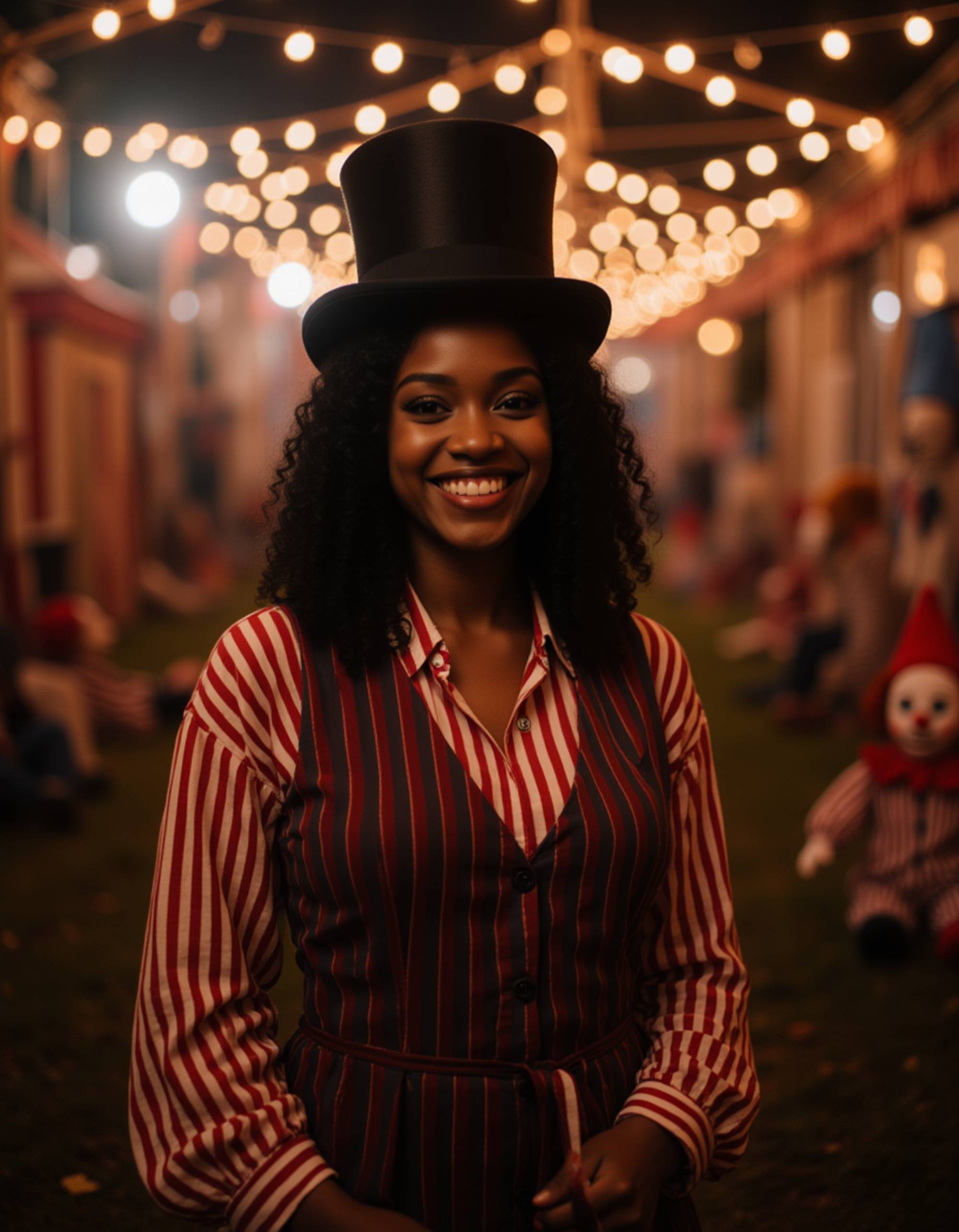 A model dressed as a creepy carnival ringmaster with top hat, striped vest, and twisted smile, surrounded by abandoned circus tents and eerie clown dolls under flickering carnival lights