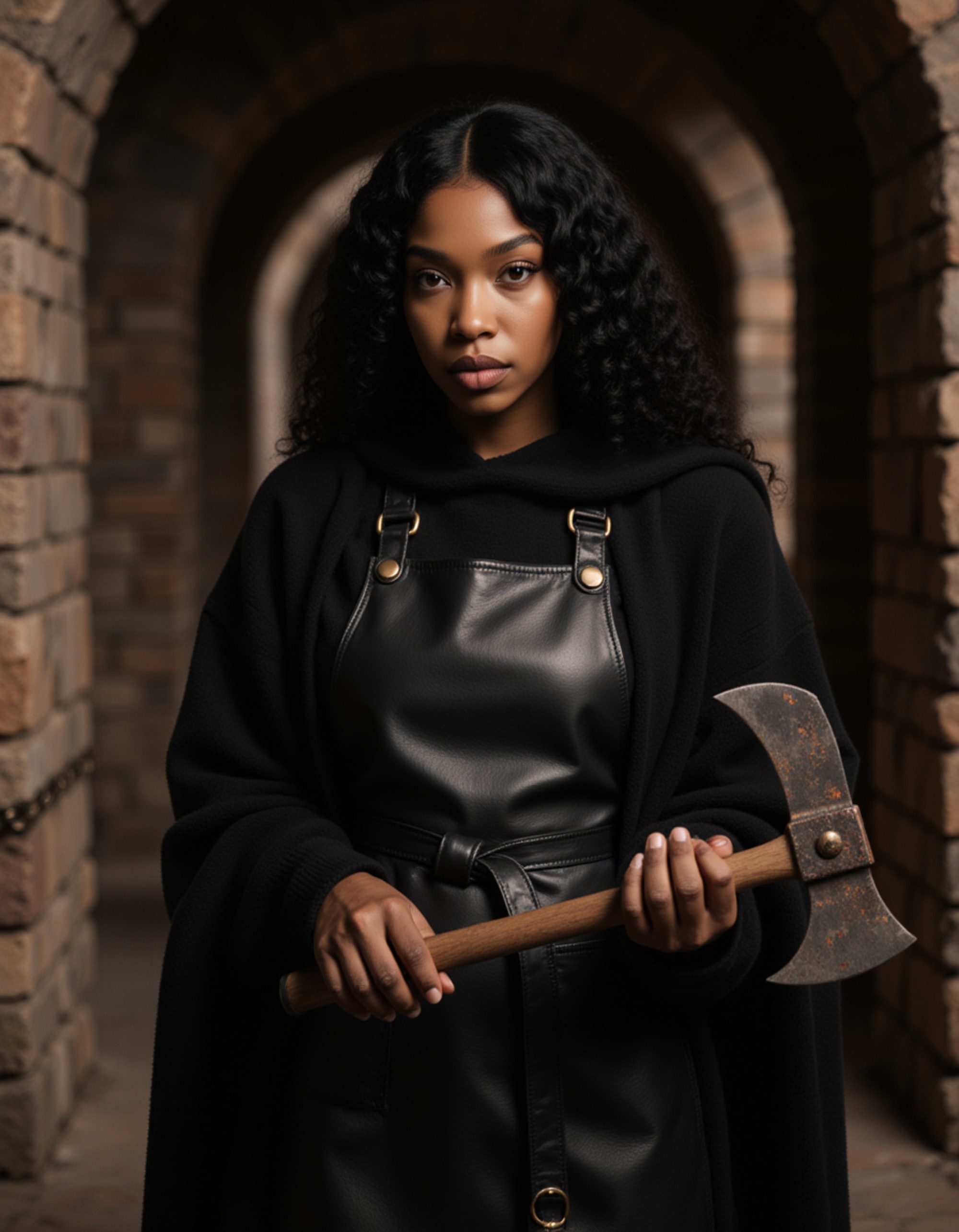 A model wearing a medieval executioner costume with black hooded robe and leather apron, holding an antique axe, standing in a dungeon setting with stone walls and iron chains