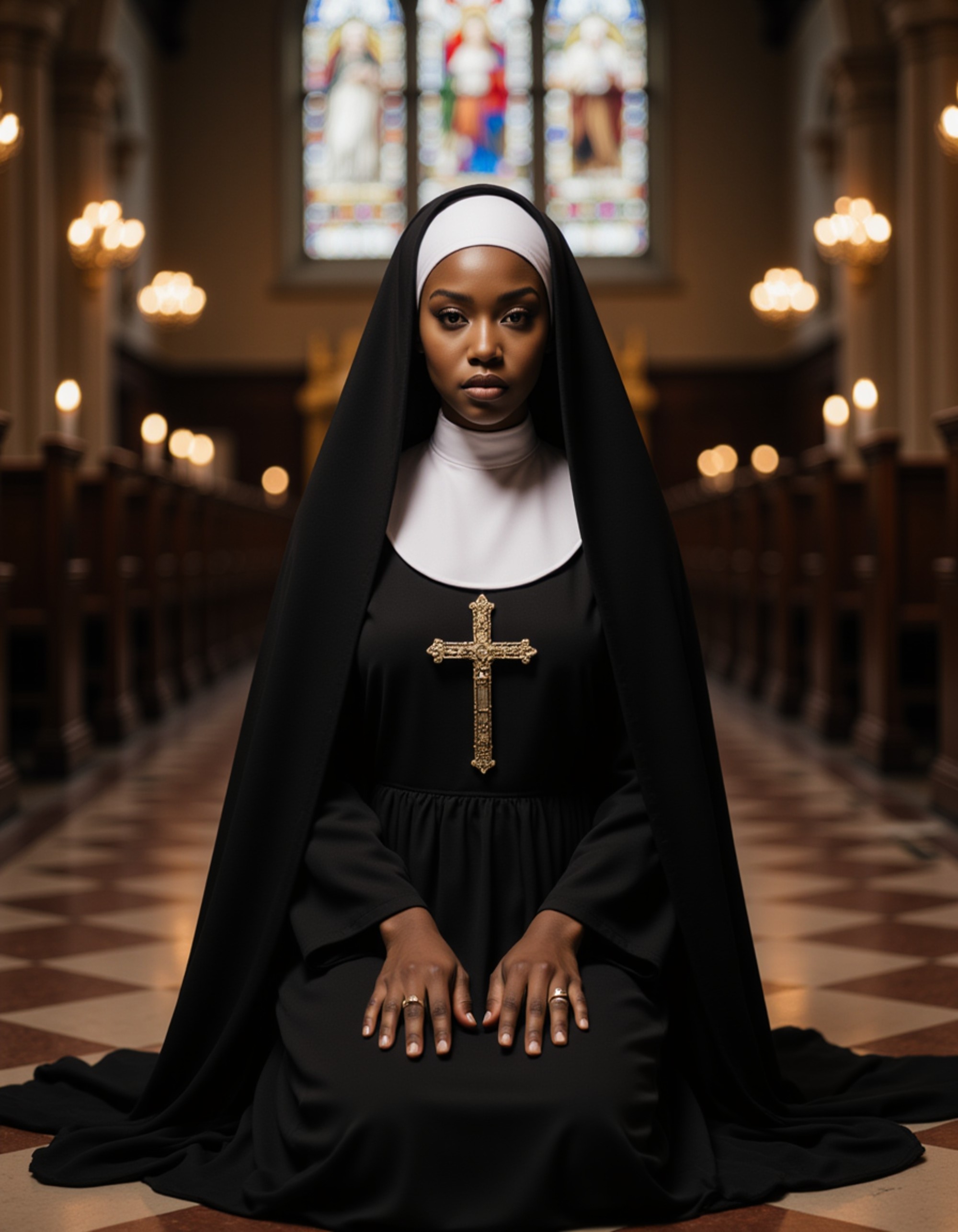 A model in a possessed nun costume with torn habit, inverted cross, and dramatic dark makeup, kneeling in a gothic cathedral with stained glass windows and flickering candles
