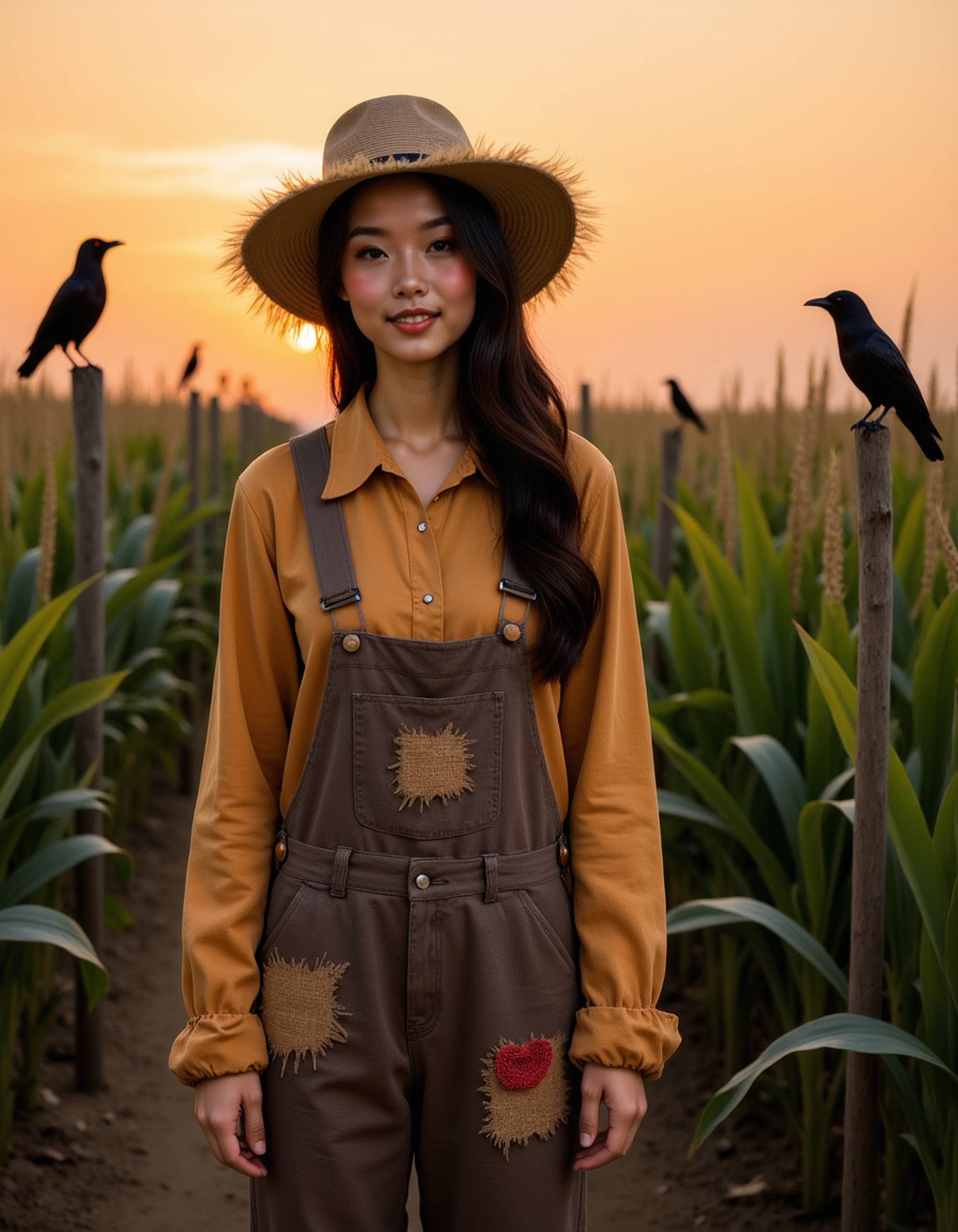 A model dressed as a scarecrow with patched burlap clothing, straw hat, and stitched face makeup, standing in a cornfield maze with crows perched on wooden posts under an orange sunset