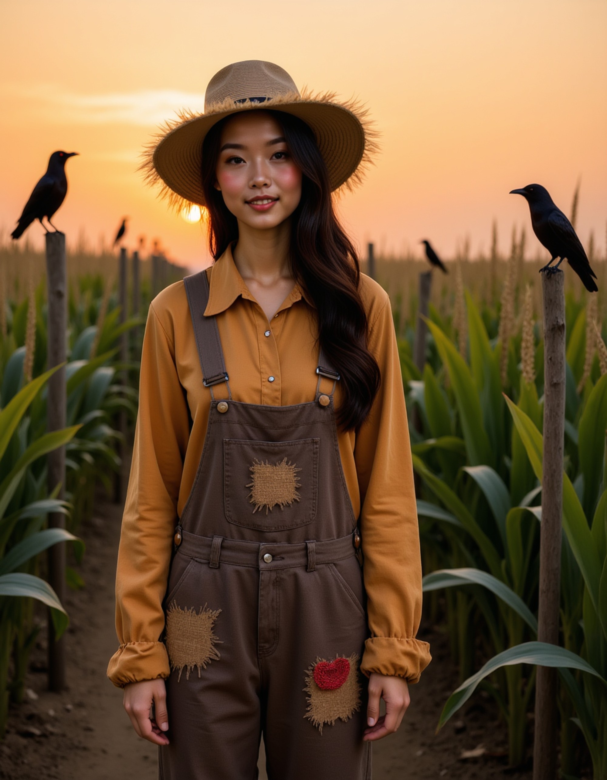A model dressed as a scarecrow with patched burlap clothing, straw hat, and stitched face makeup, standing in a cornfield maze with crows perched on wooden posts under an orange sunset