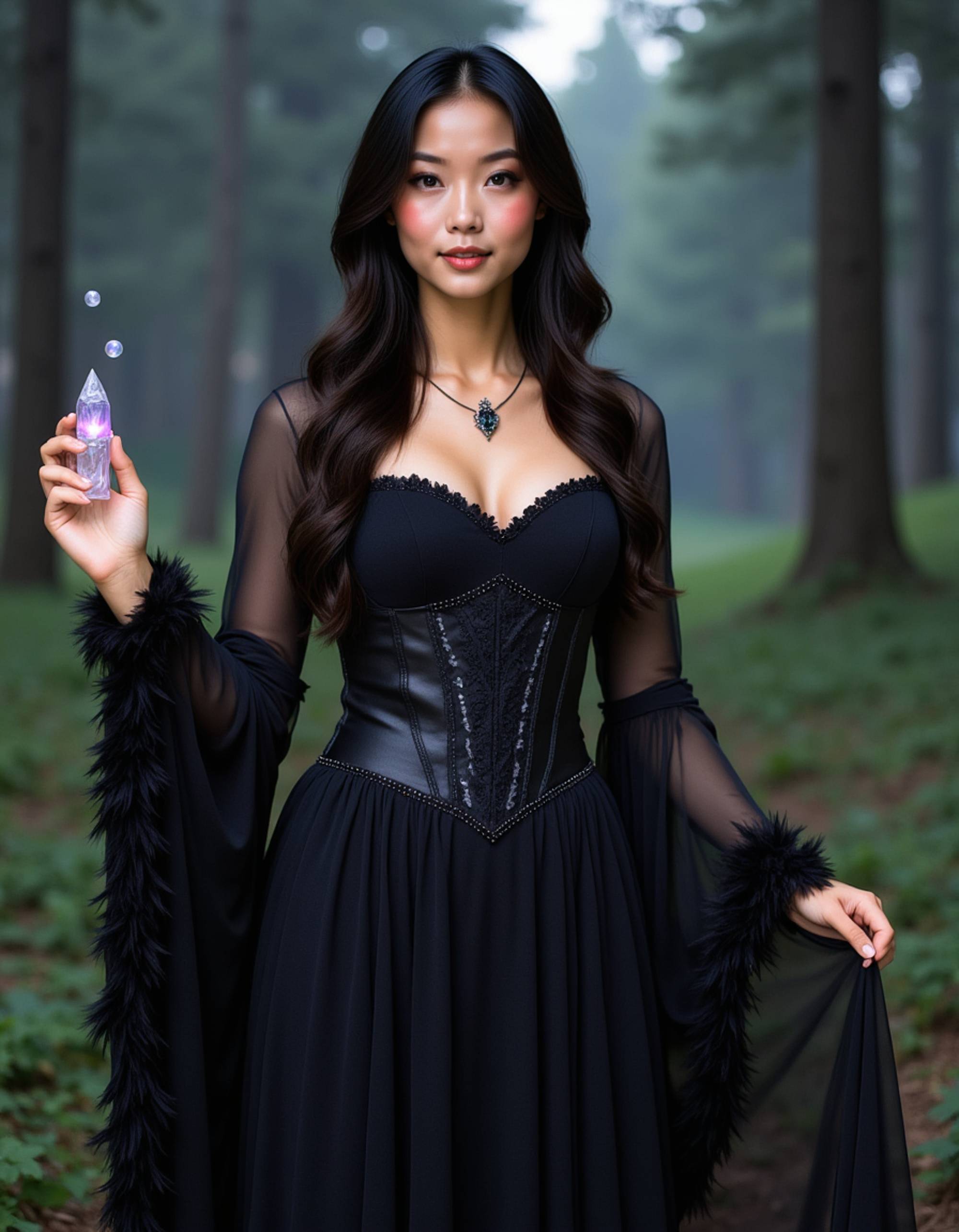 A model in a dark enchantress costume with black feathered corset, crystal staff, and smoky eye makeup, casting spells in a moonlit forest clearing with floating magical orbs