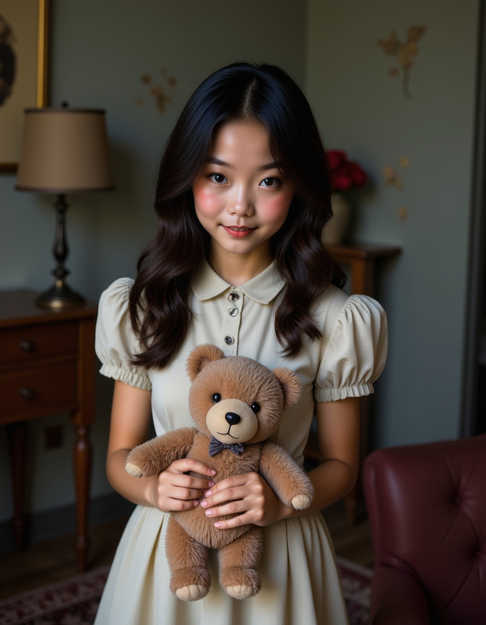 A model dressed as a creepy Victorian child with vintage dress, porcelain doll makeup, and ringlet curls, holding an antique teddy bear in an abandoned nursery with peeling wallpaper