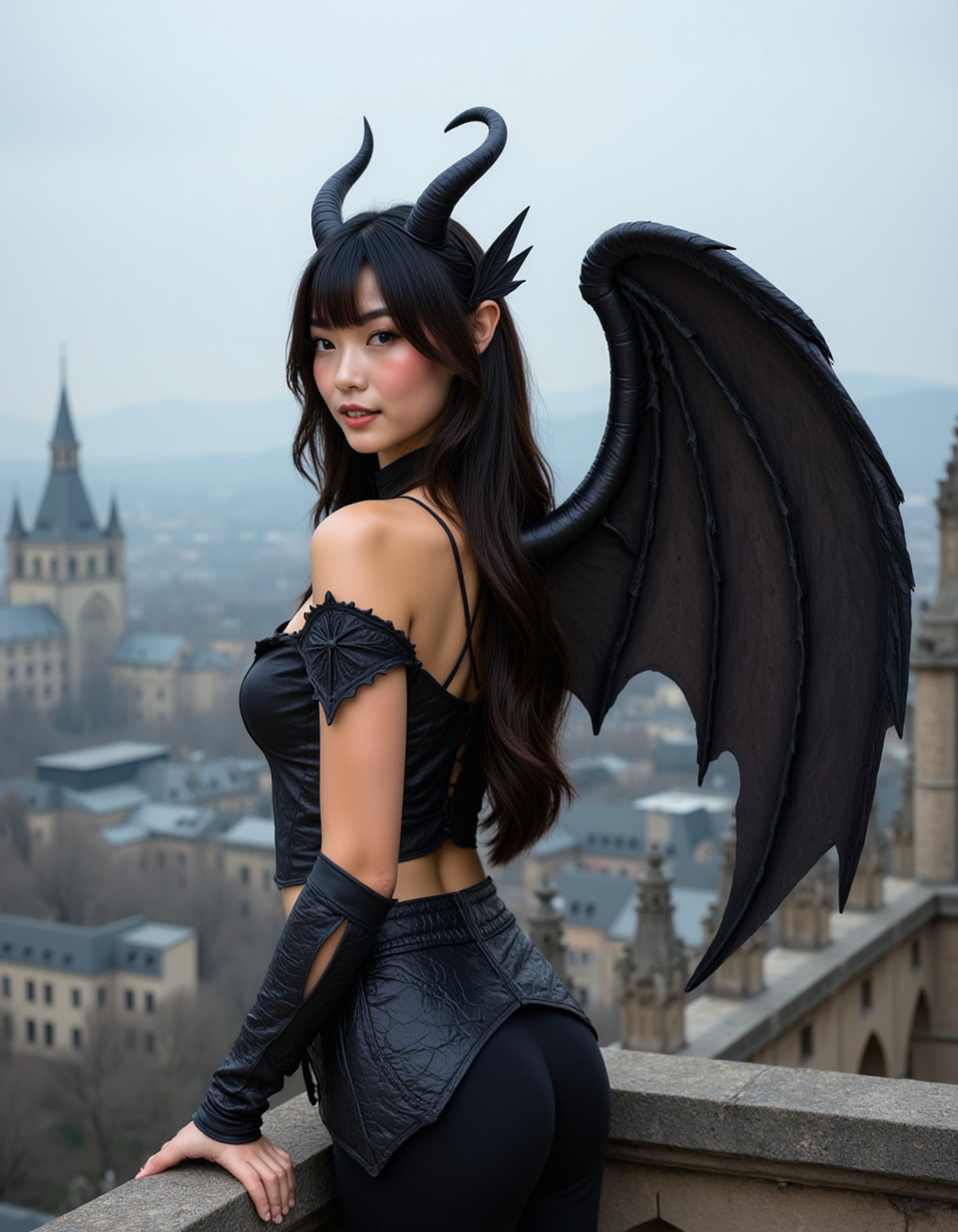 A model wearing a gargoyle costume with stone-textured skin makeup, wing accessories, and Gothic armor details, perched on a cathedral rooftop overlooking a foggy medieval city