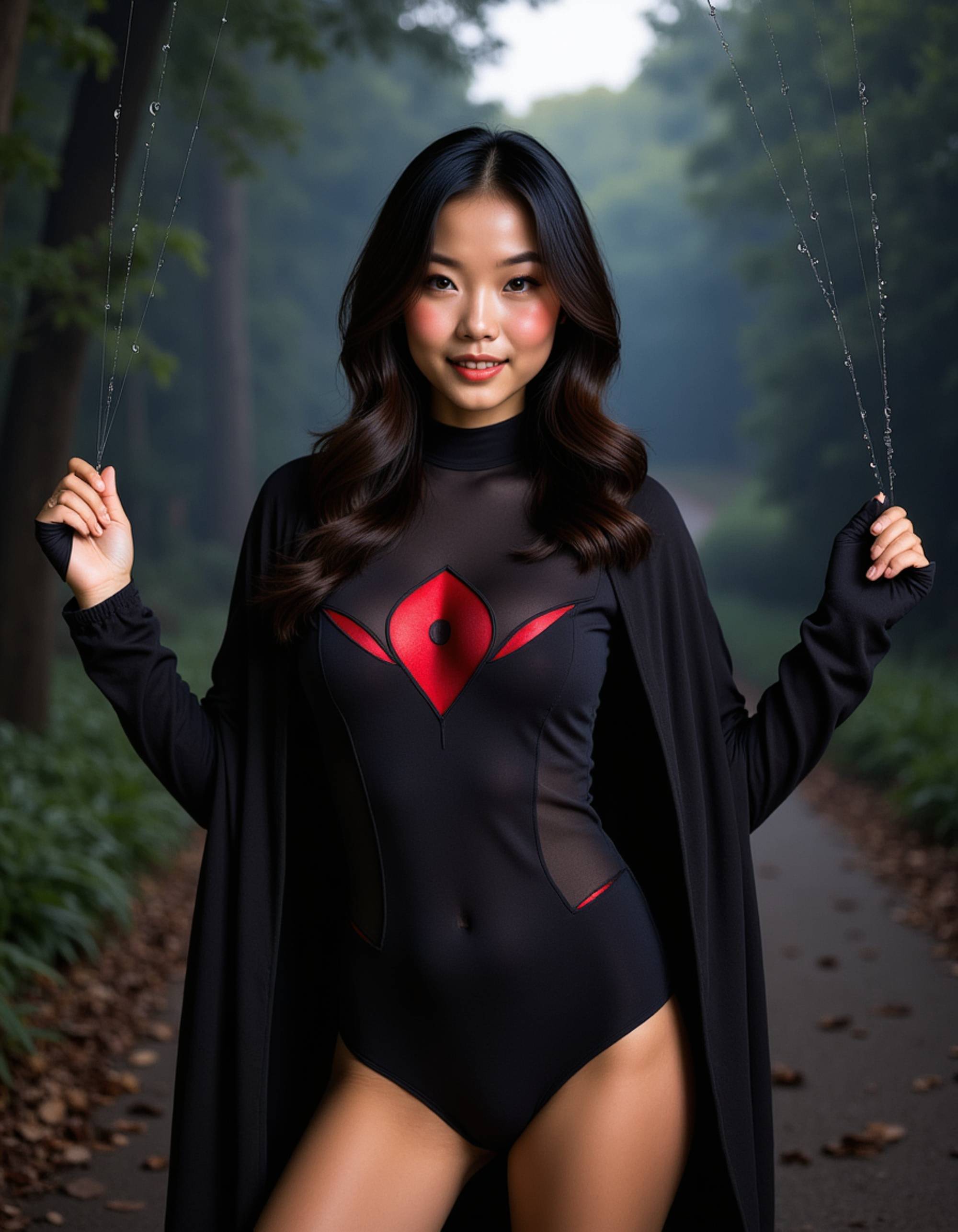 A model in a black widow spider costume with sleek black bodysuit, web-patterned cape, and dramatic red hourglass marking, posed in a giant spider web with dewdrops and moonlight