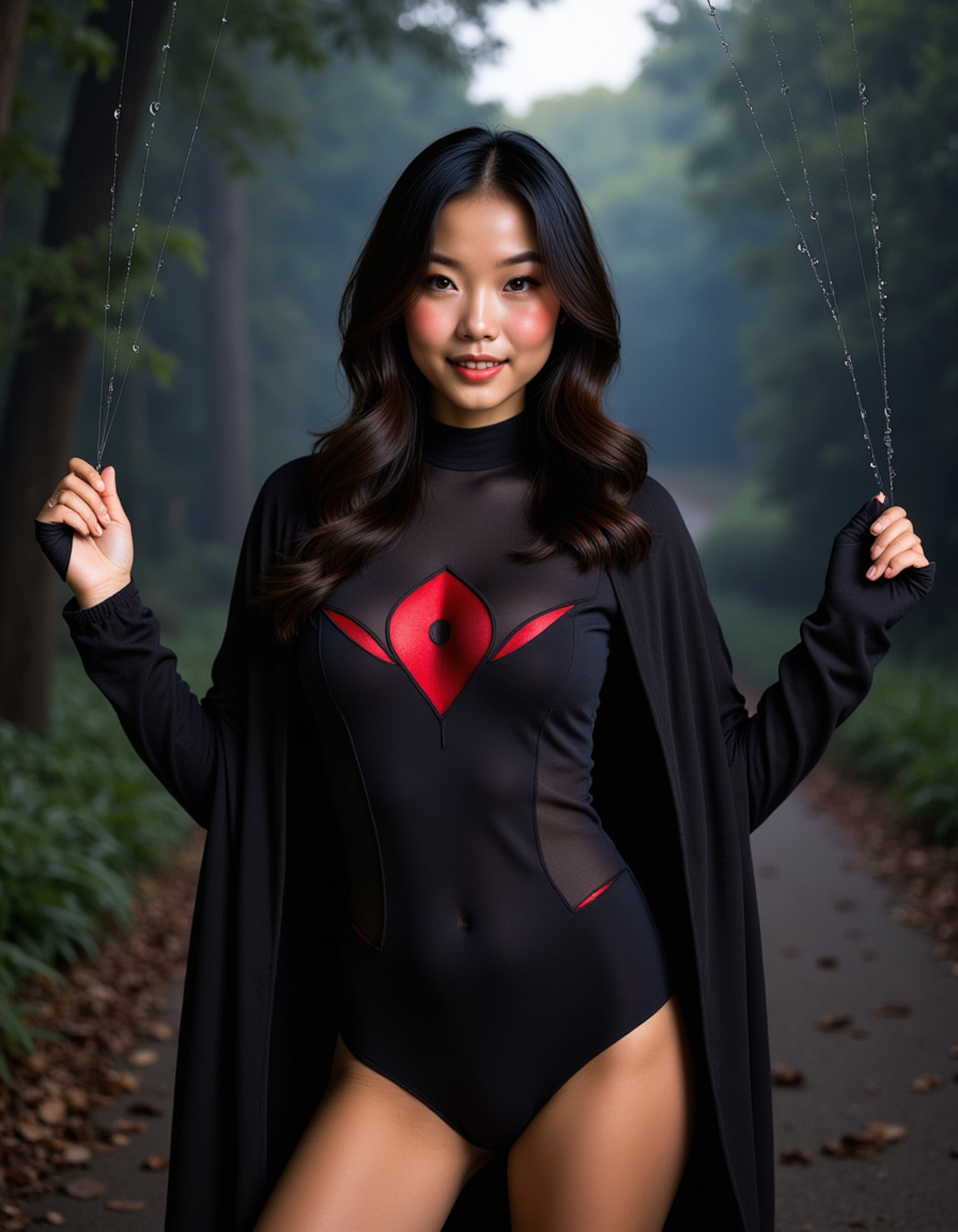 A model in a black widow spider costume with sleek black bodysuit, web-patterned cape, and dramatic red hourglass marking, posed in a giant spider web with dewdrops and moonlight