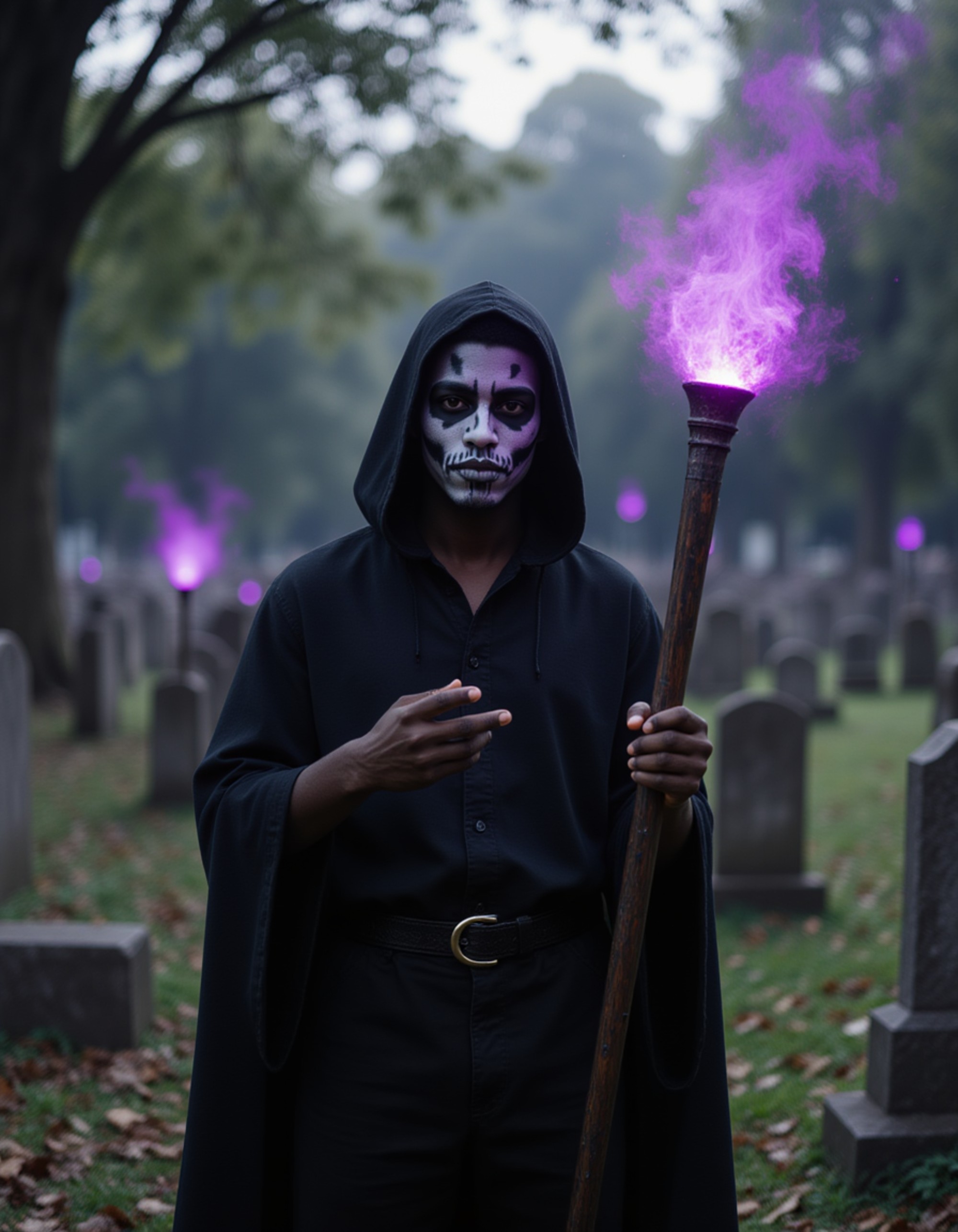 A model dressed as a necromancer with dark hooded robe, glowing staff, and skeletal face paint, summoning spirits in an ancient graveyard with floating ghostly apparitions and purple energy