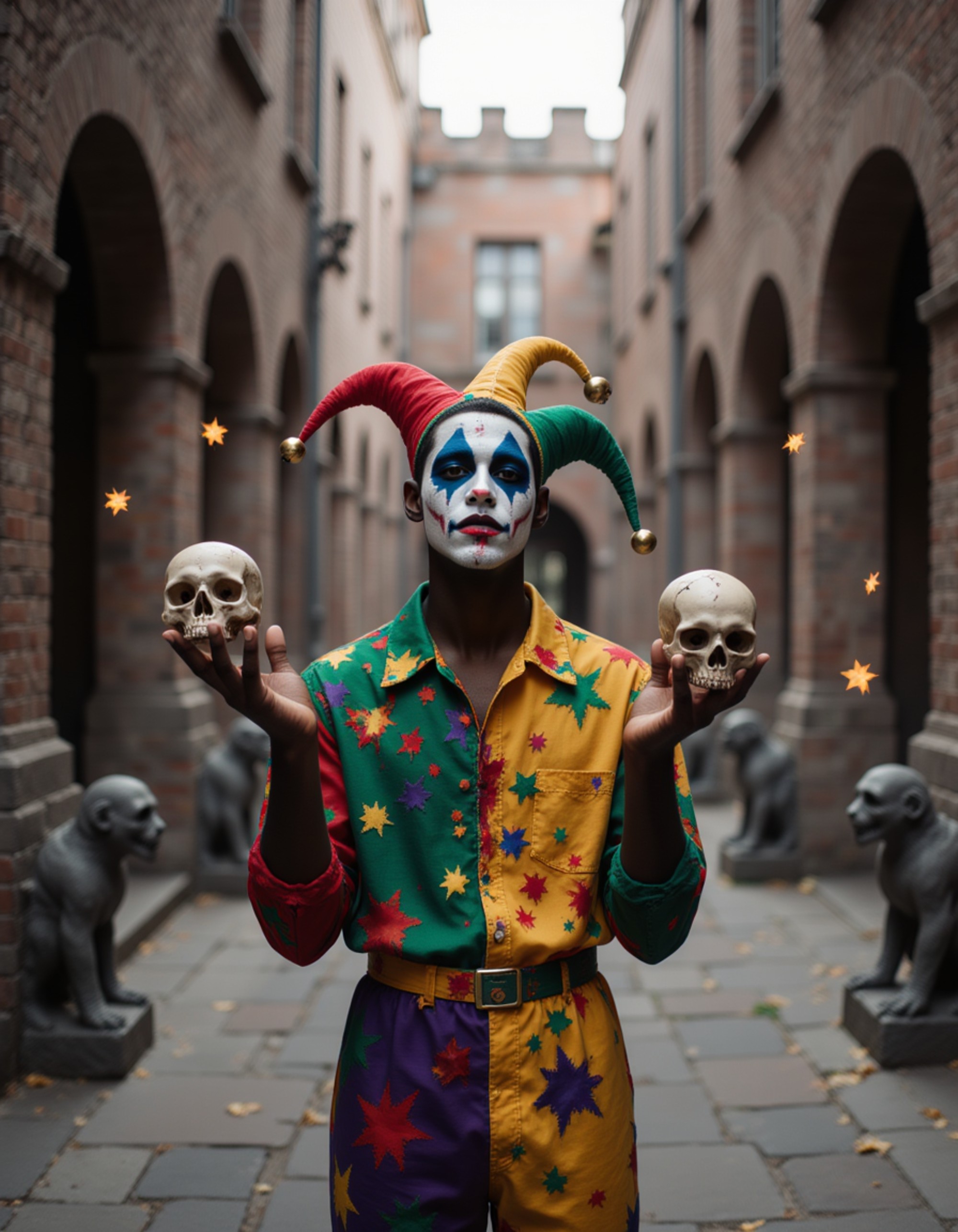 A model wearing a creepy jester costume with torn colorful outfit, cracked face paint, and bells, juggling glowing skulls in a medieval castle courtyard with stone gargoyles
