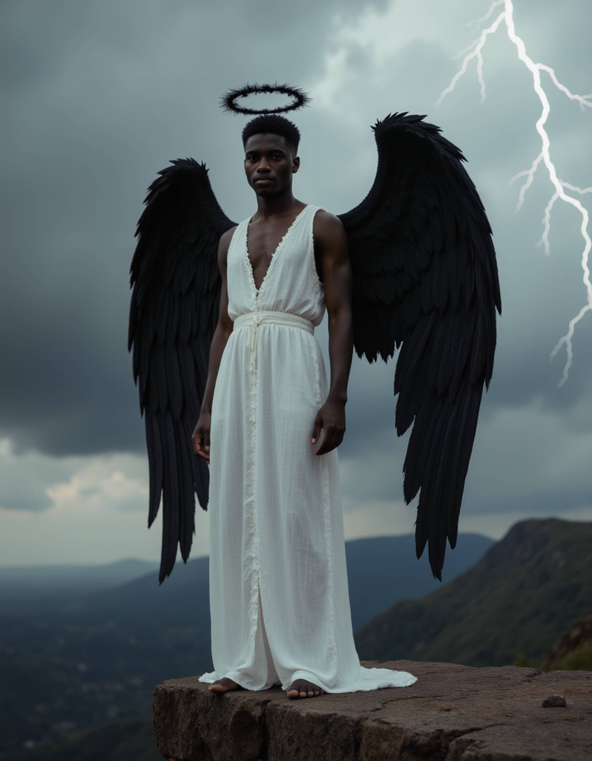 A model in a fallen angel costume with blackened wings, tattered white dress, and dark halo, standing on a cliff edge with storm clouds and lightning in the background