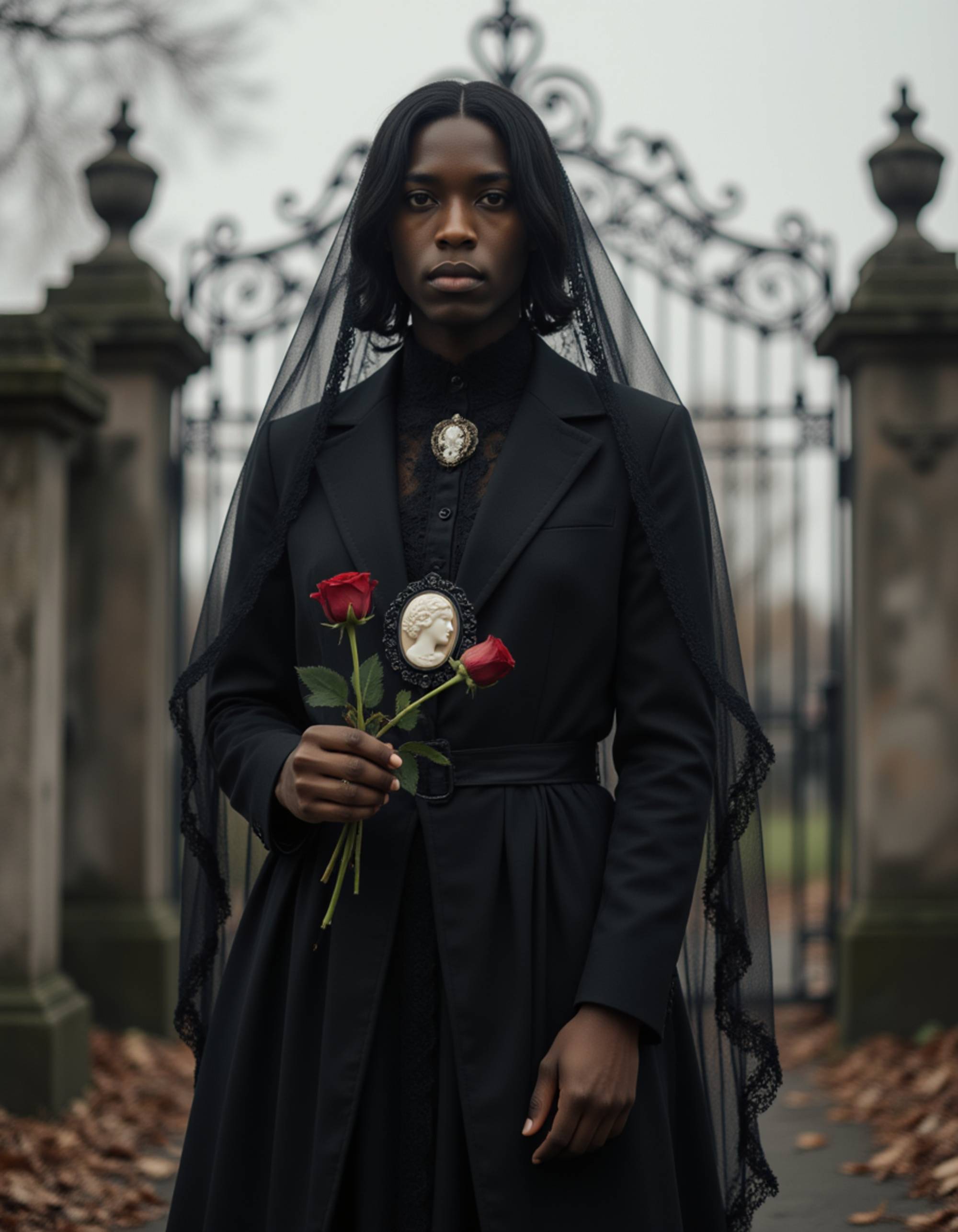 A model dressed as a Victorian mourner with elaborate black dress, lace veil, and vintage cameo brooch, holding wilted roses in a foggy cemetery with ornate iron gates