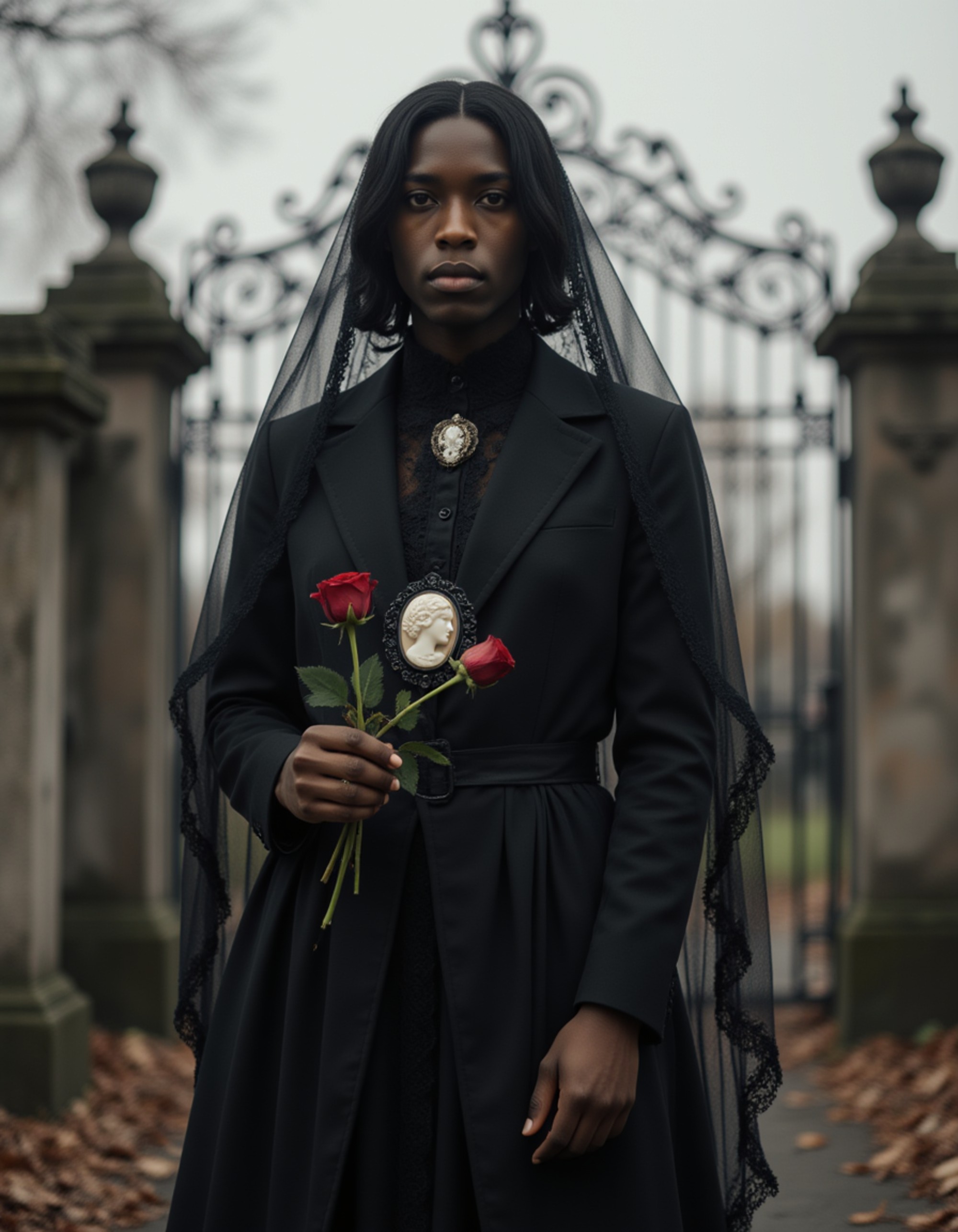 A model dressed as a Victorian mourner with elaborate black dress, lace veil, and vintage cameo brooch, holding wilted roses in a foggy cemetery with ornate iron gates