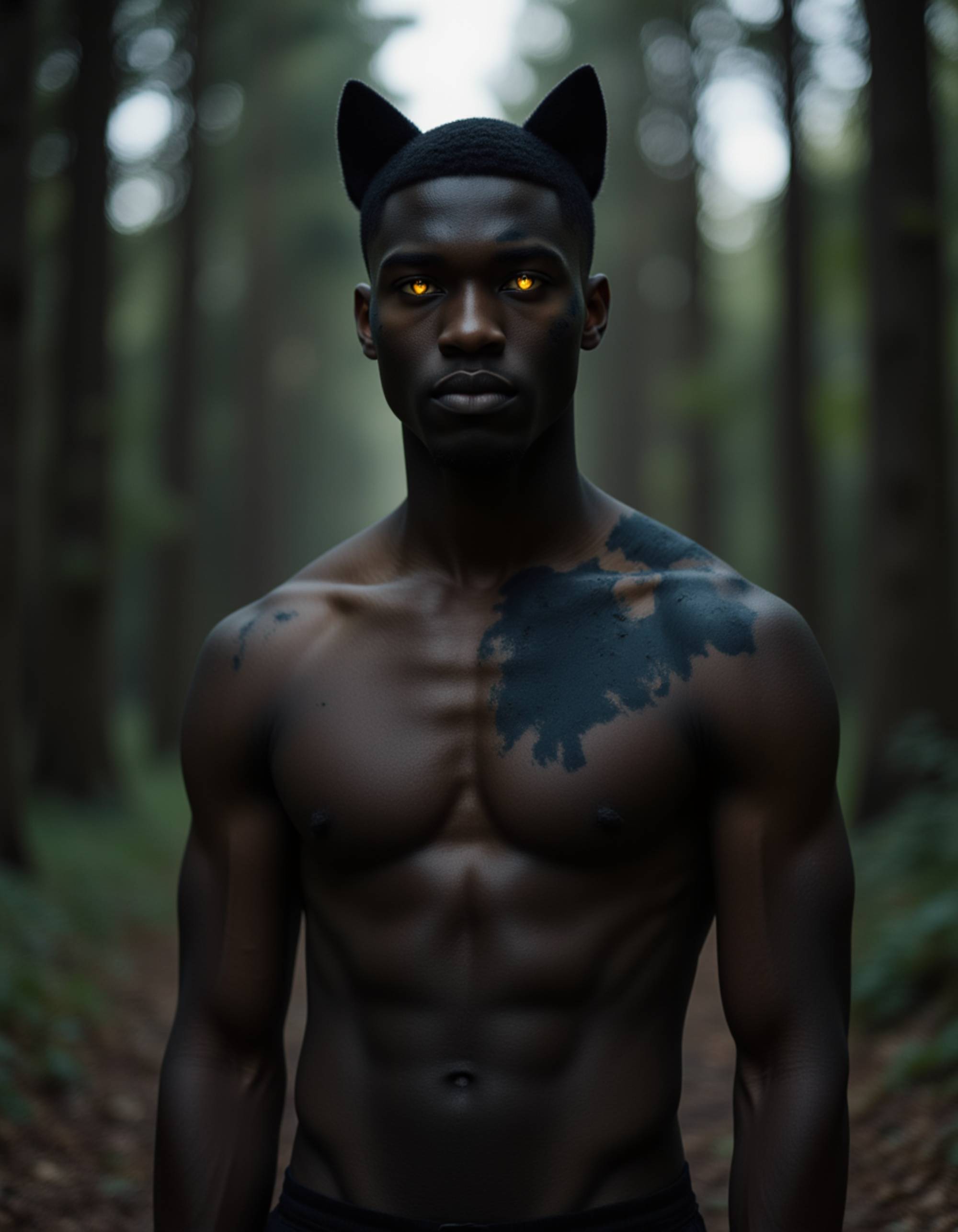 A model wearing a shapeshifter costume with half-human half-wolf transformation makeup, torn clothing, and glowing yellow eyes, caught mid-transformation in a moonlit forest clearing