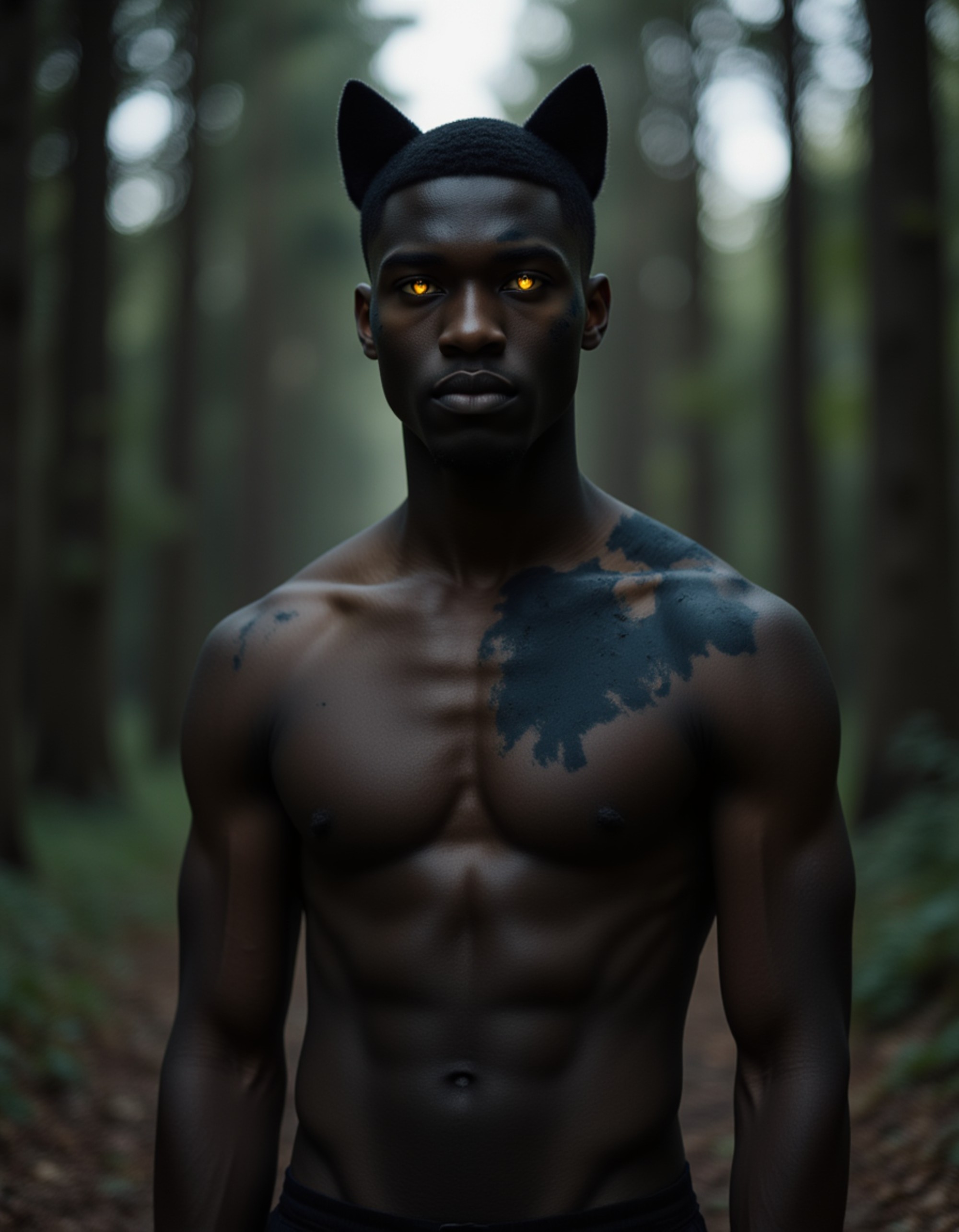 A model wearing a shapeshifter costume with half-human half-wolf transformation makeup, torn clothing, and glowing yellow eyes, caught mid-transformation in a moonlit forest clearing
