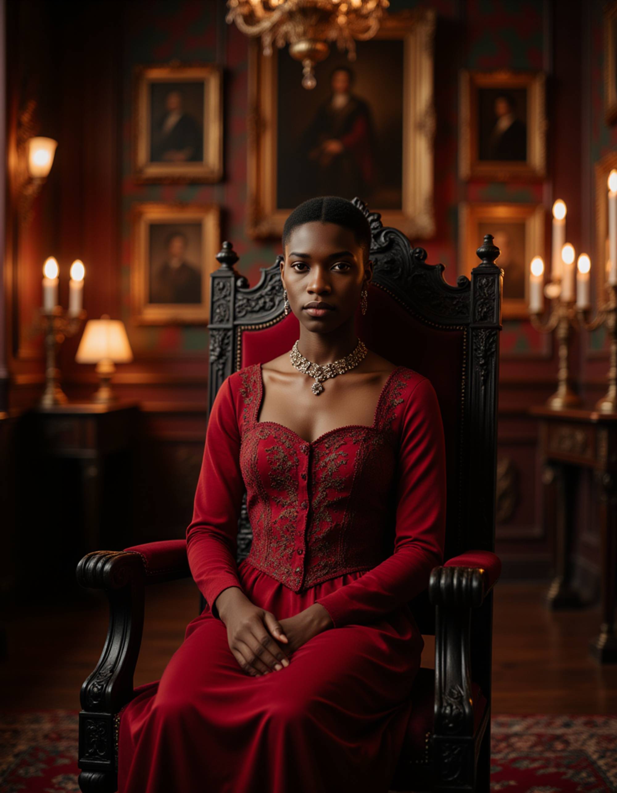 A model in a blood countess costume with elegant Renaissance gown, ruby jewelry, and pale aristocratic makeup, seated on a gothic throne in a candlelit castle chamber with portraits and tapestries