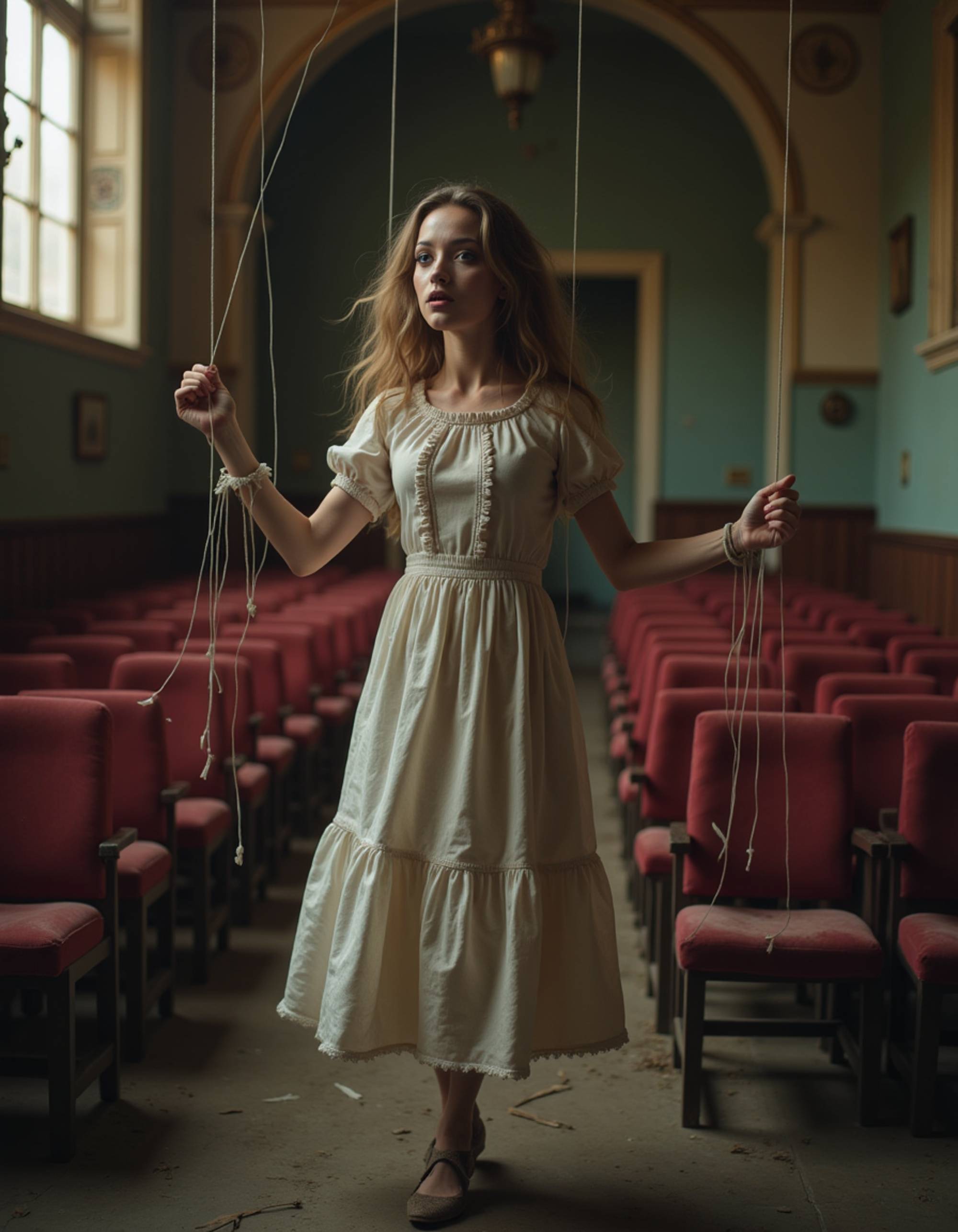 A model dressed as a creepy marionette with jointed limbs, painted wooden face makeup, and visible puppet strings, dancing in an abandoned theater with dusty red velvet seats and broken stage lights
