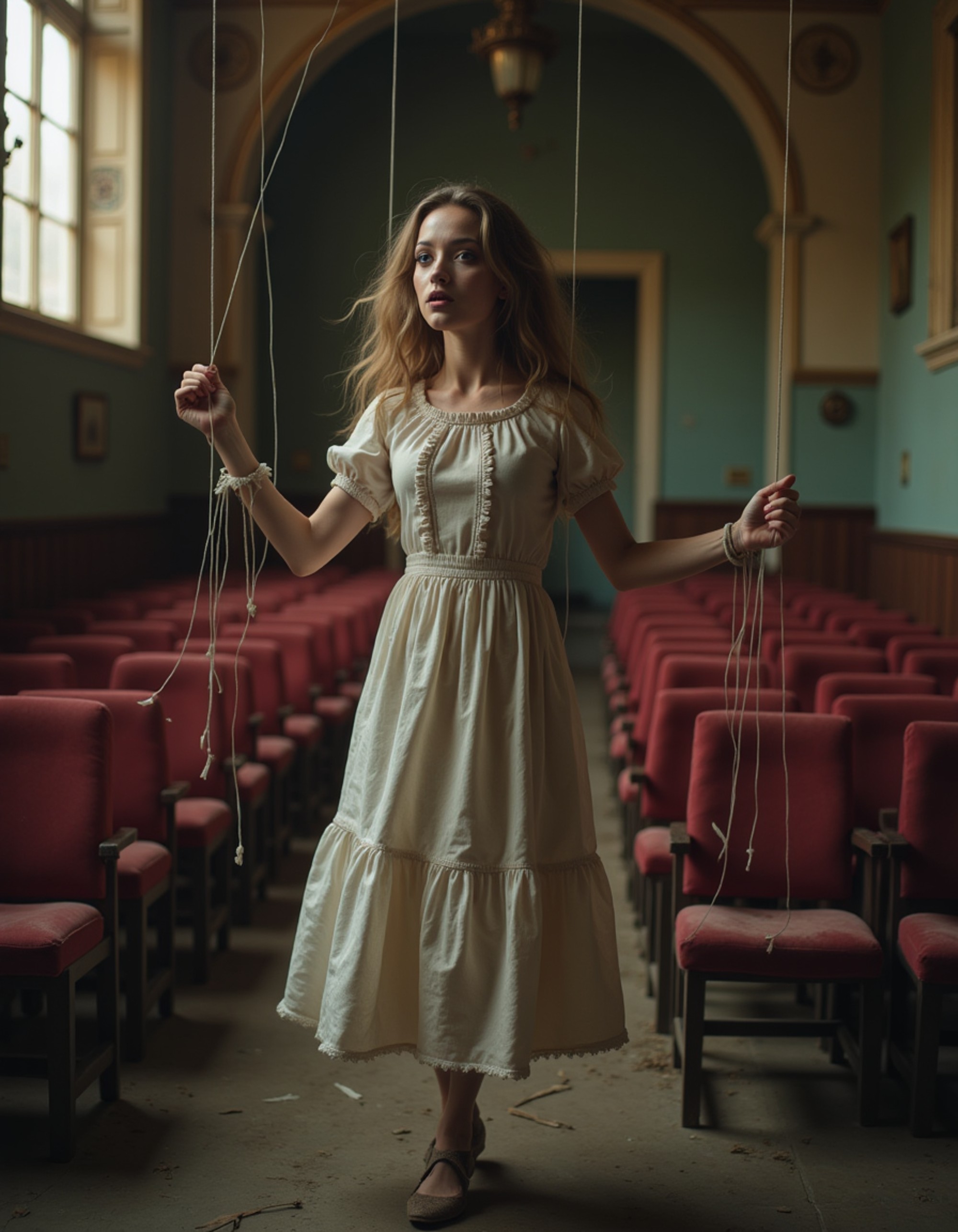 A model dressed as a creepy marionette with jointed limbs, painted wooden face makeup, and visible puppet strings, dancing in an abandoned theater with dusty red velvet seats and broken stage lights