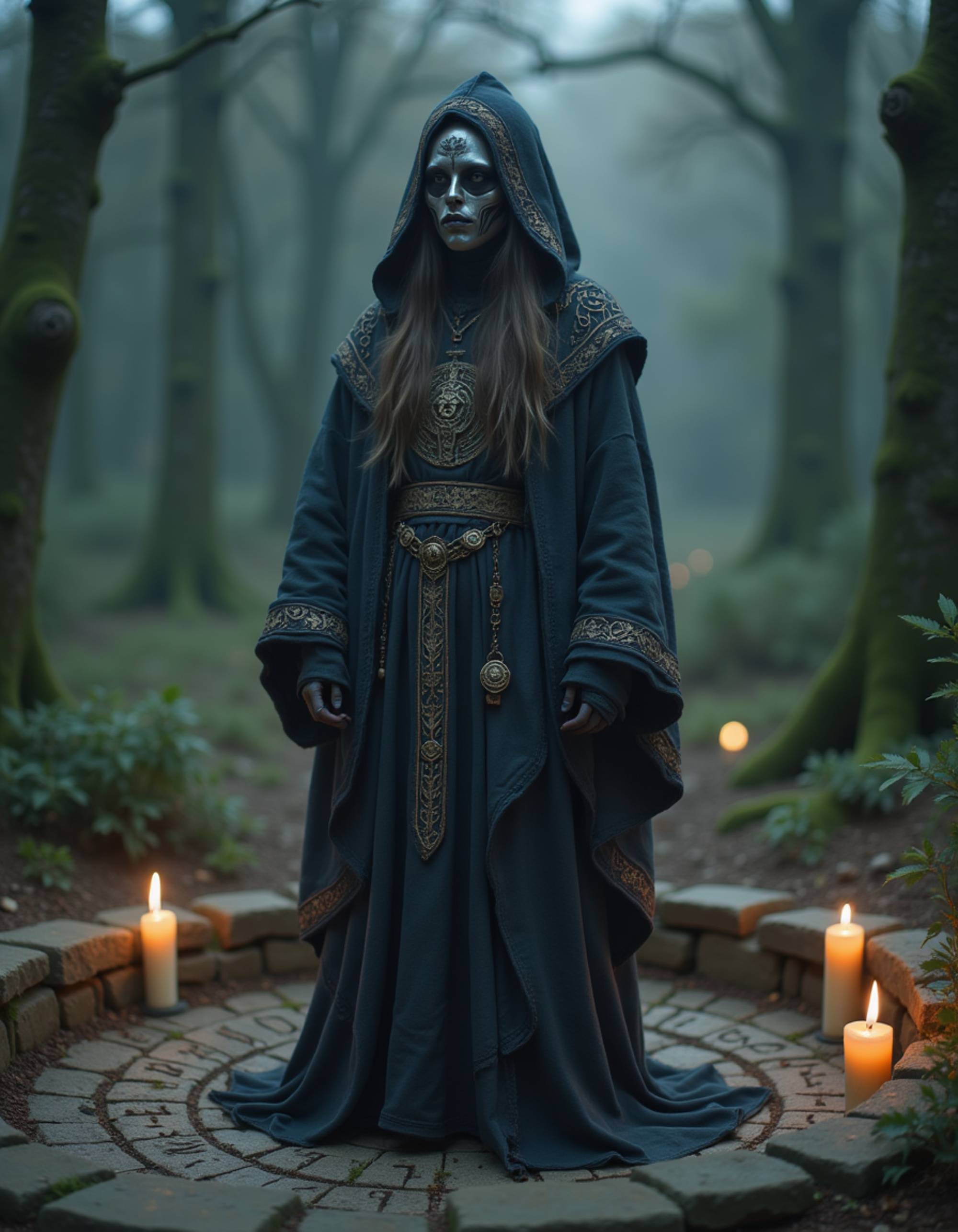 A model wearing a ritual cultist costume with dark ceremonial robes, occult symbols, and hooded mask, standing in a stone circle with burning candles and ancient runes carved in the ground