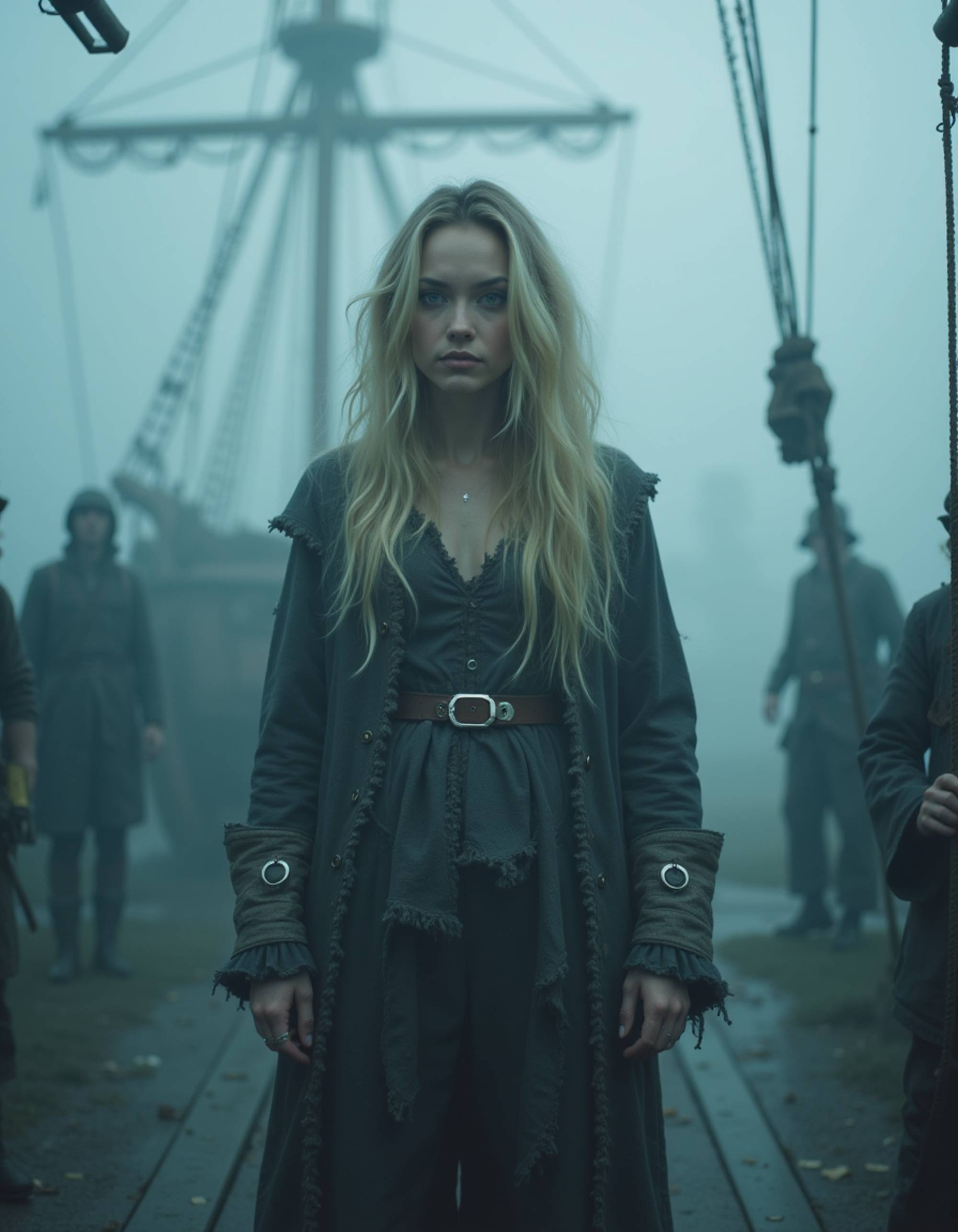 A model in a ghostly ship captain costume with tattered naval uniform, spectral makeup, and barnacle accessories, emerging from fog on a phantom ship deck with skeleton crew silhouettes