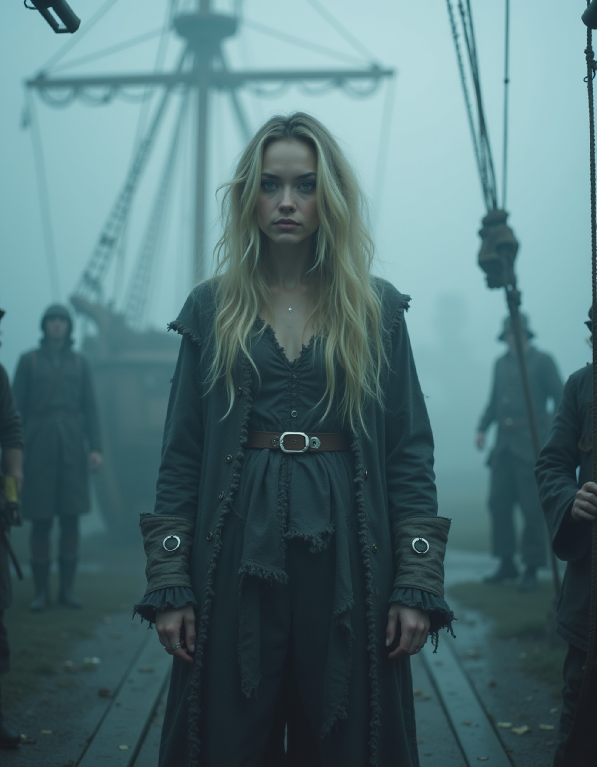 A model in a ghostly ship captain costume with tattered naval uniform, spectral makeup, and barnacle accessories, emerging from fog on a phantom ship deck with skeleton crew silhouettes