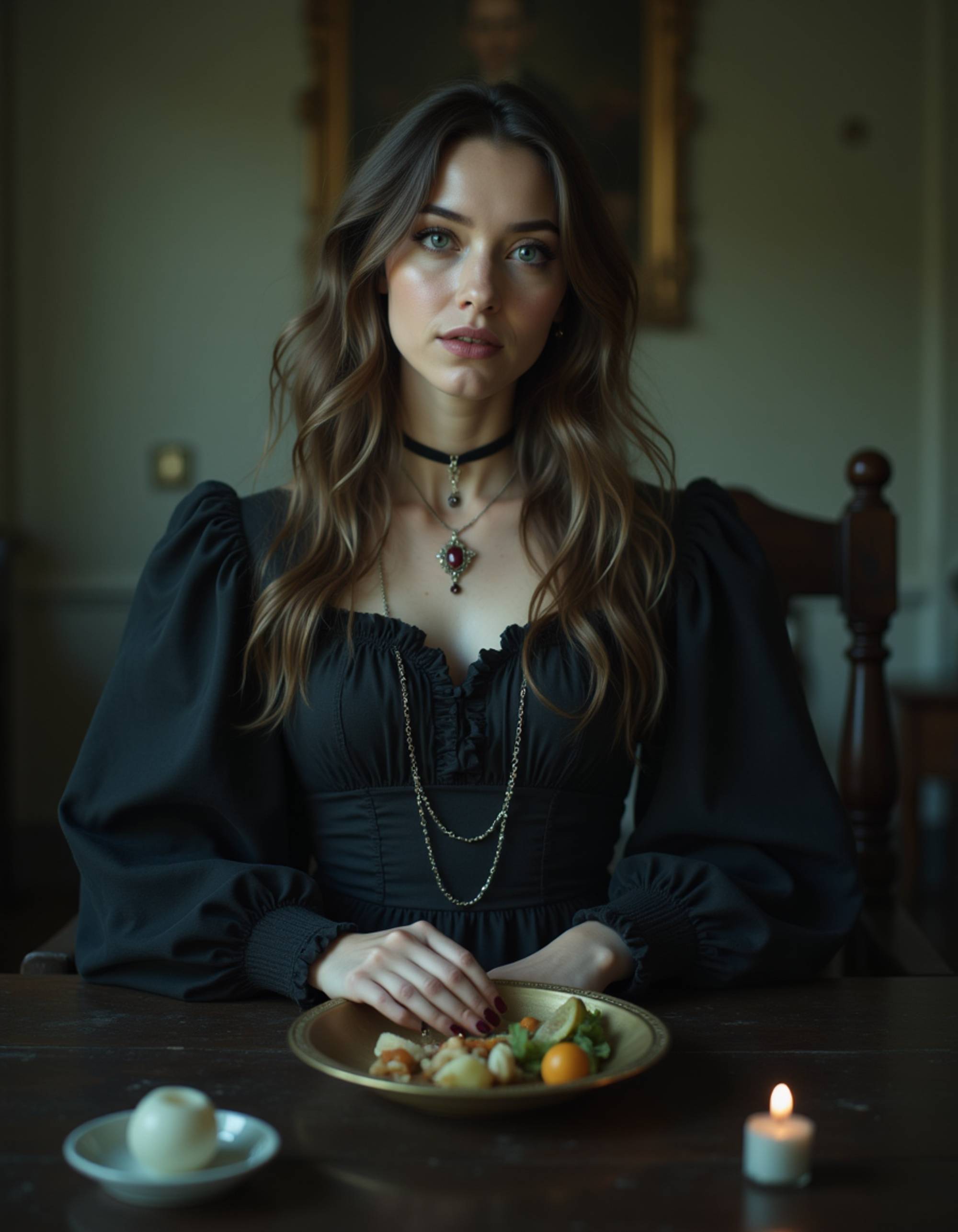 A model dressed as a Victorian séance medium with flowing dark dress, crystal pendants, and mystic makeup, sitting at a round table with floating objects and swirling ectoplasm in a dimly lit parlor