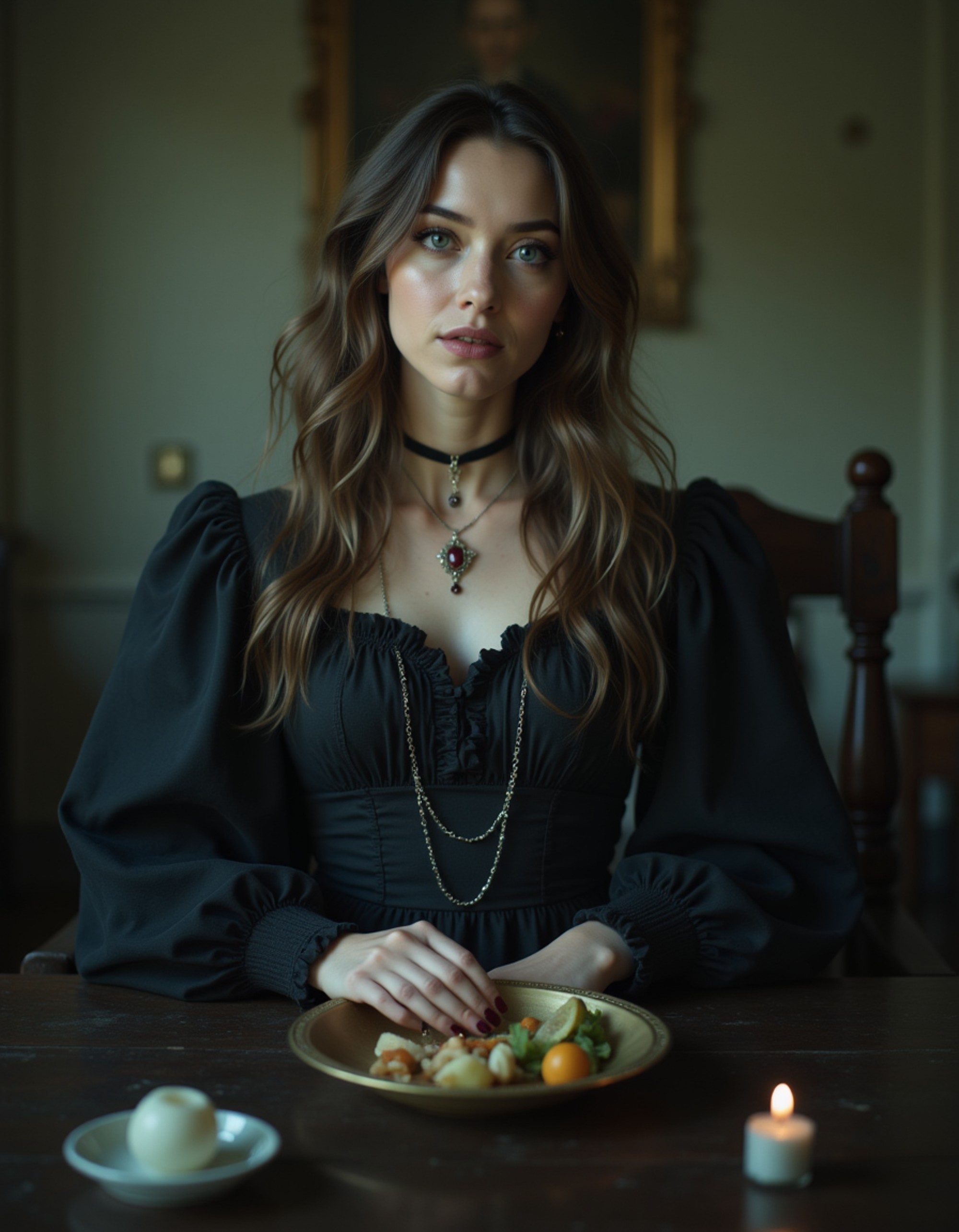 A model dressed as a Victorian séance medium with flowing dark dress, crystal pendants, and mystic makeup, sitting at a round table with floating objects and swirling ectoplasm in a dimly lit parlor