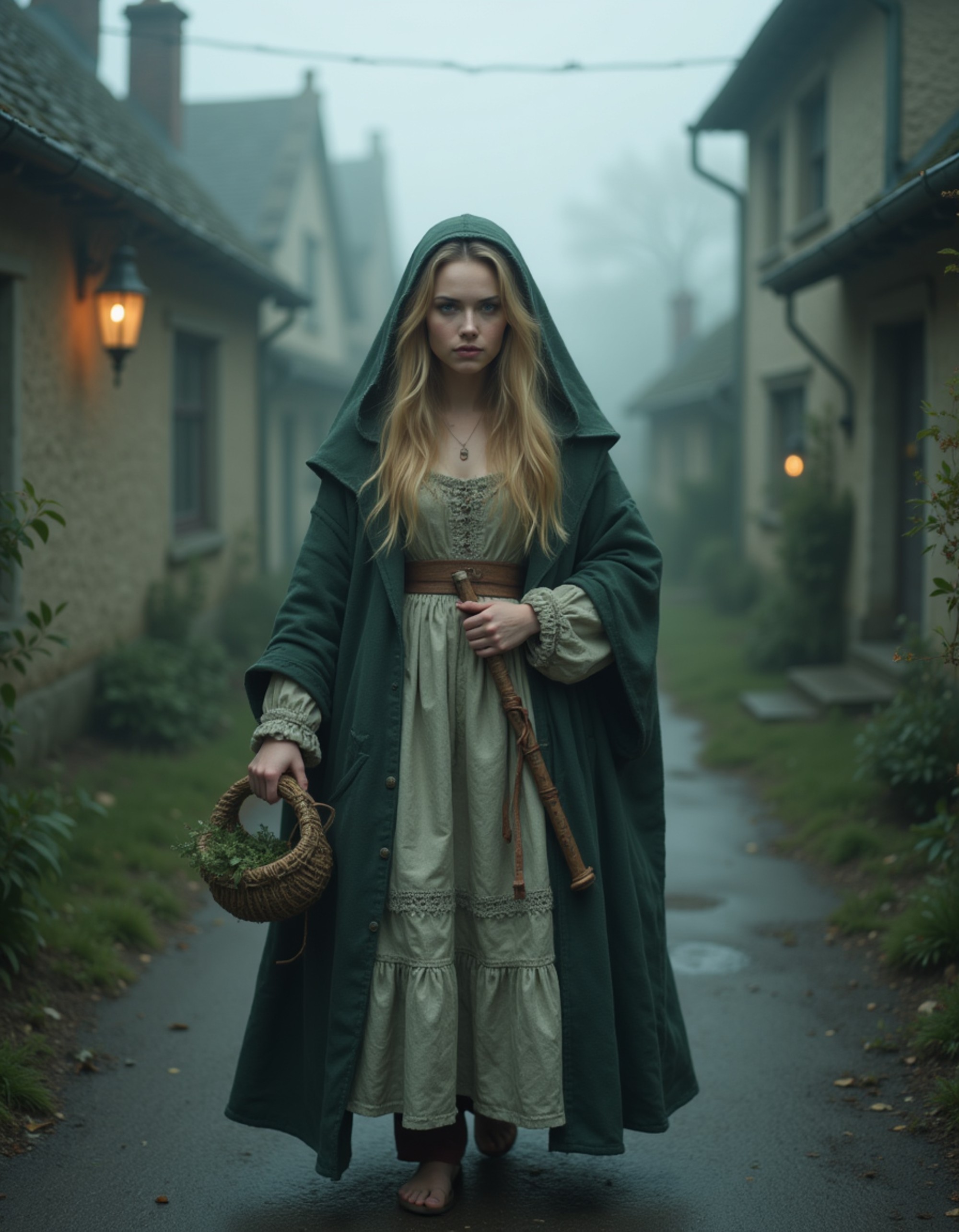 A model in a plague maiden costume with medieval dress, herb bundle accessories, and pale sickly makeup, walking through a misty medieval village with boarded windows and warning symbols