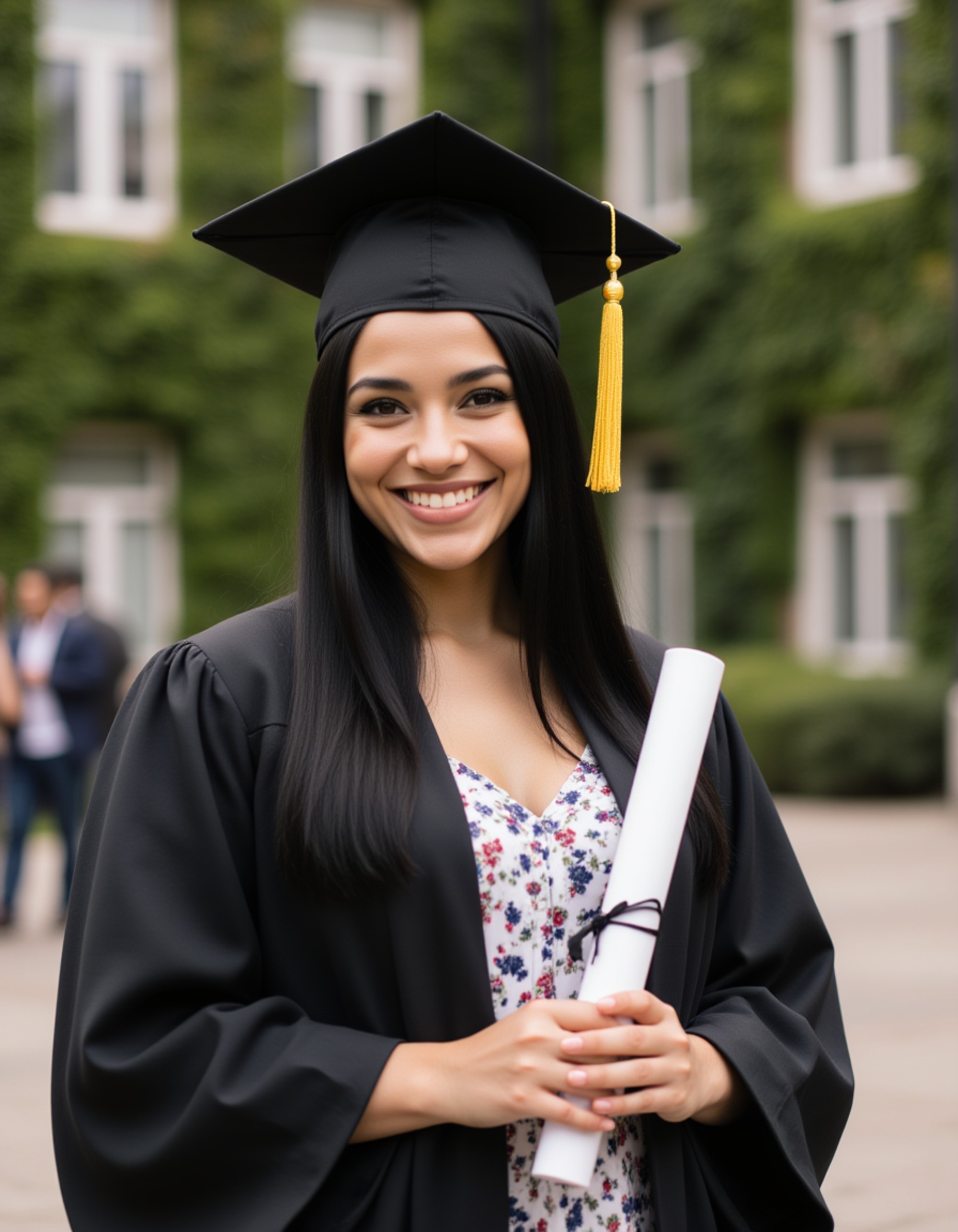 a graduate model in traditional black cap and gown, holding diploma with pride, university campus background with ivy-covered buildings