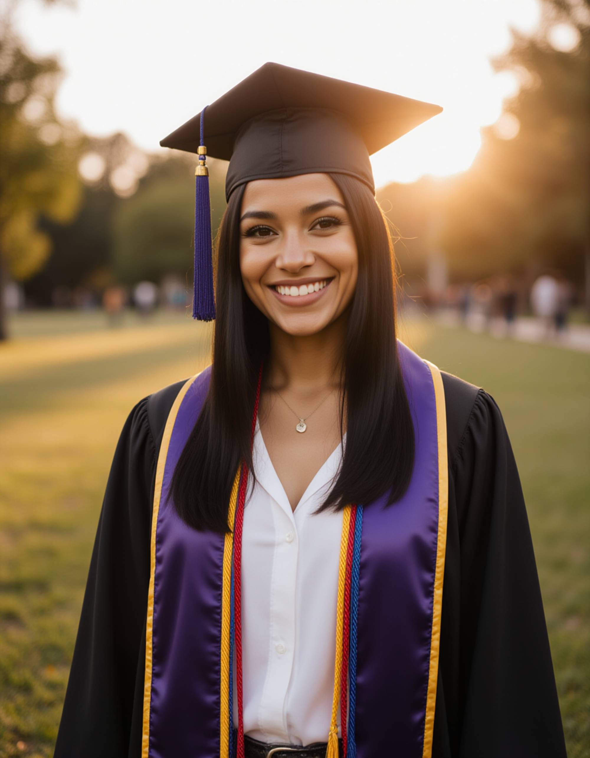 graduate wearing colorful honor cords and stole, mortarboard cap tilted at perfect angle, golden hour lighting on campus quad