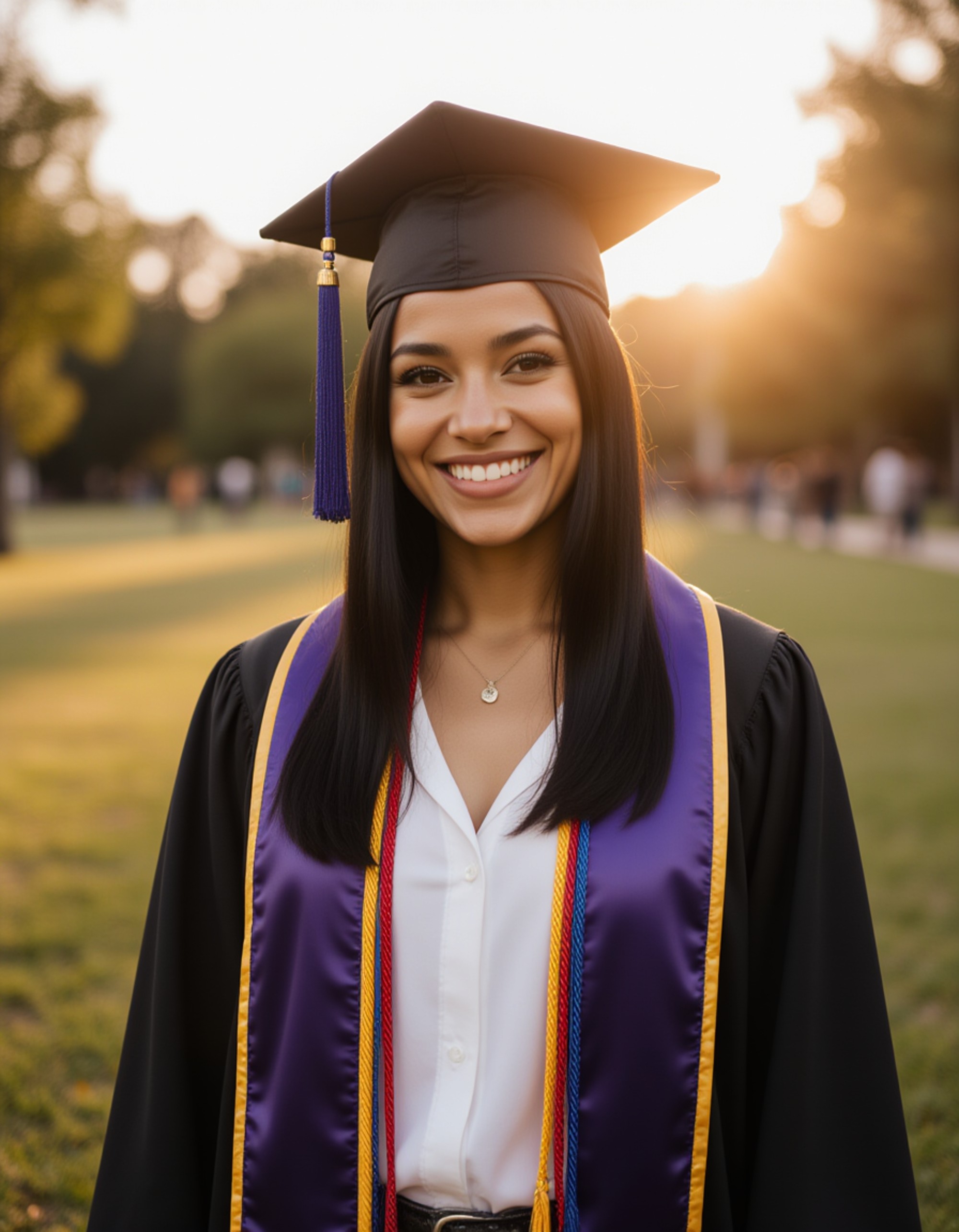 graduate wearing colorful honor cords and stole, mortarboard cap tilted at perfect angle, golden hour lighting on campus quad