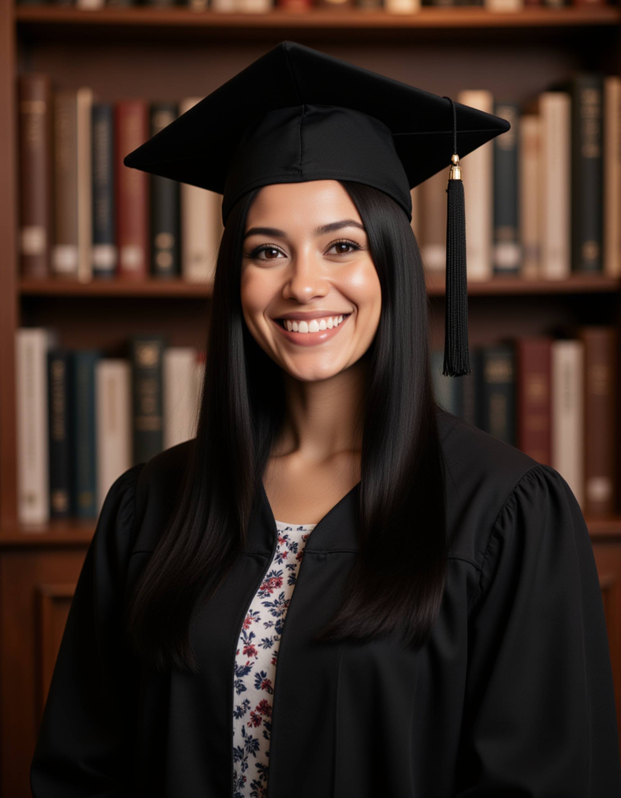professional graduation portrait with model in academic regalia, tassel positioned on right side of cap, formal university library backdrop