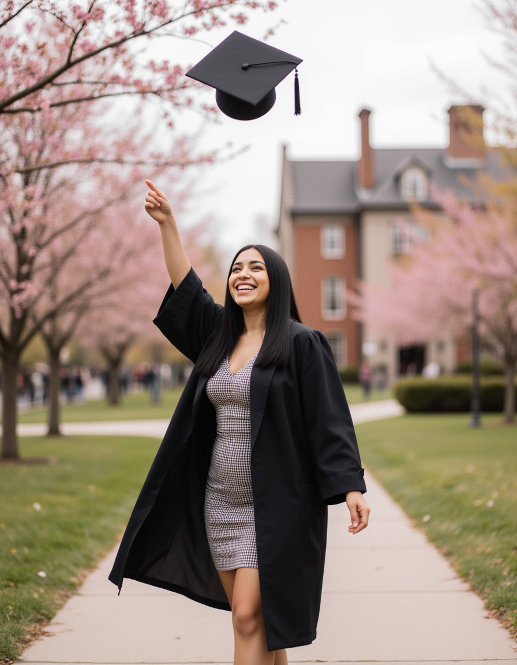 graduate model celebrating with cap toss in air, flowing gown captured mid-motion, cherry blossom trees and historic campus architecture