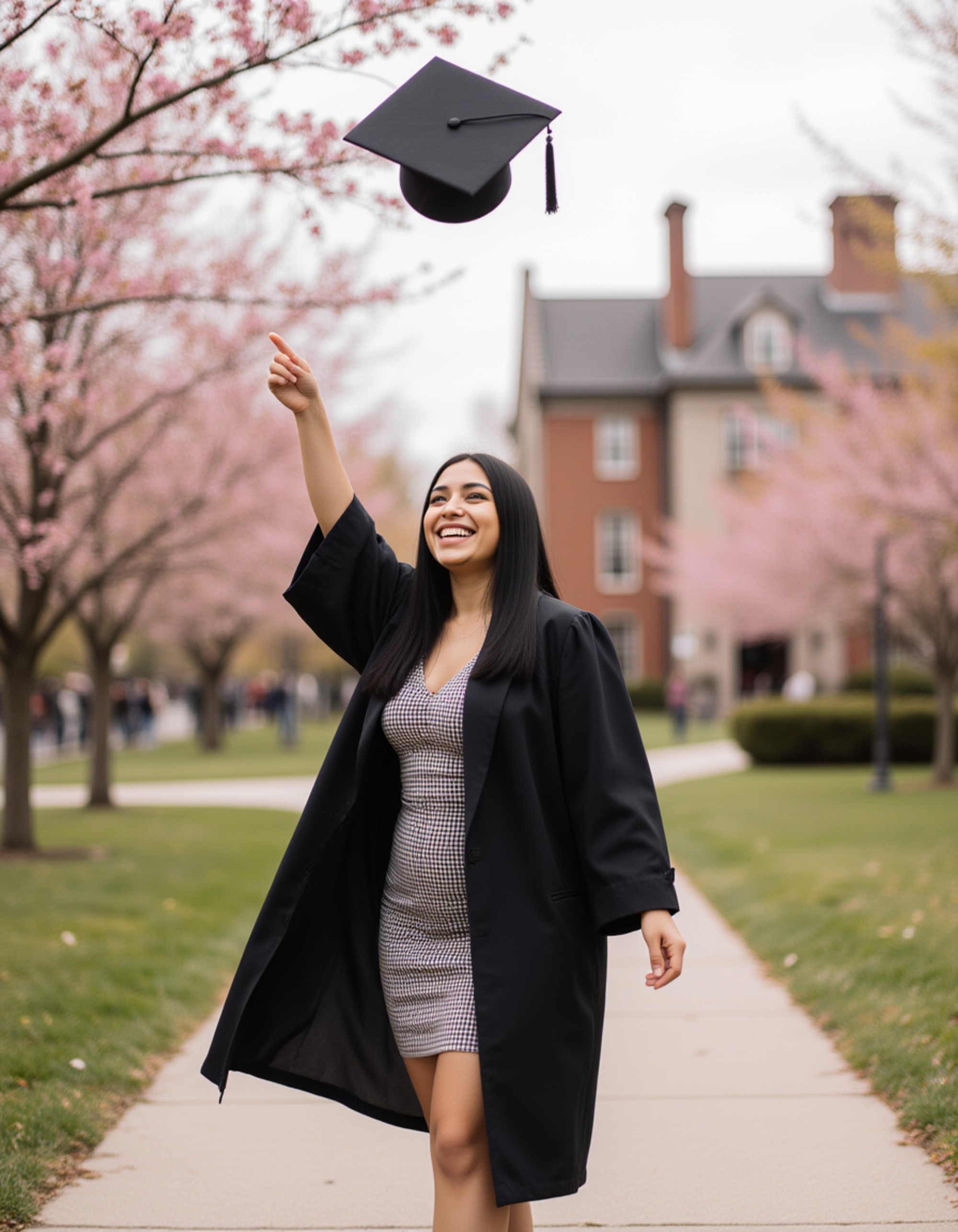graduate model celebrating with cap toss in air, flowing gown captured mid-motion, cherry blossom trees and historic campus architecture