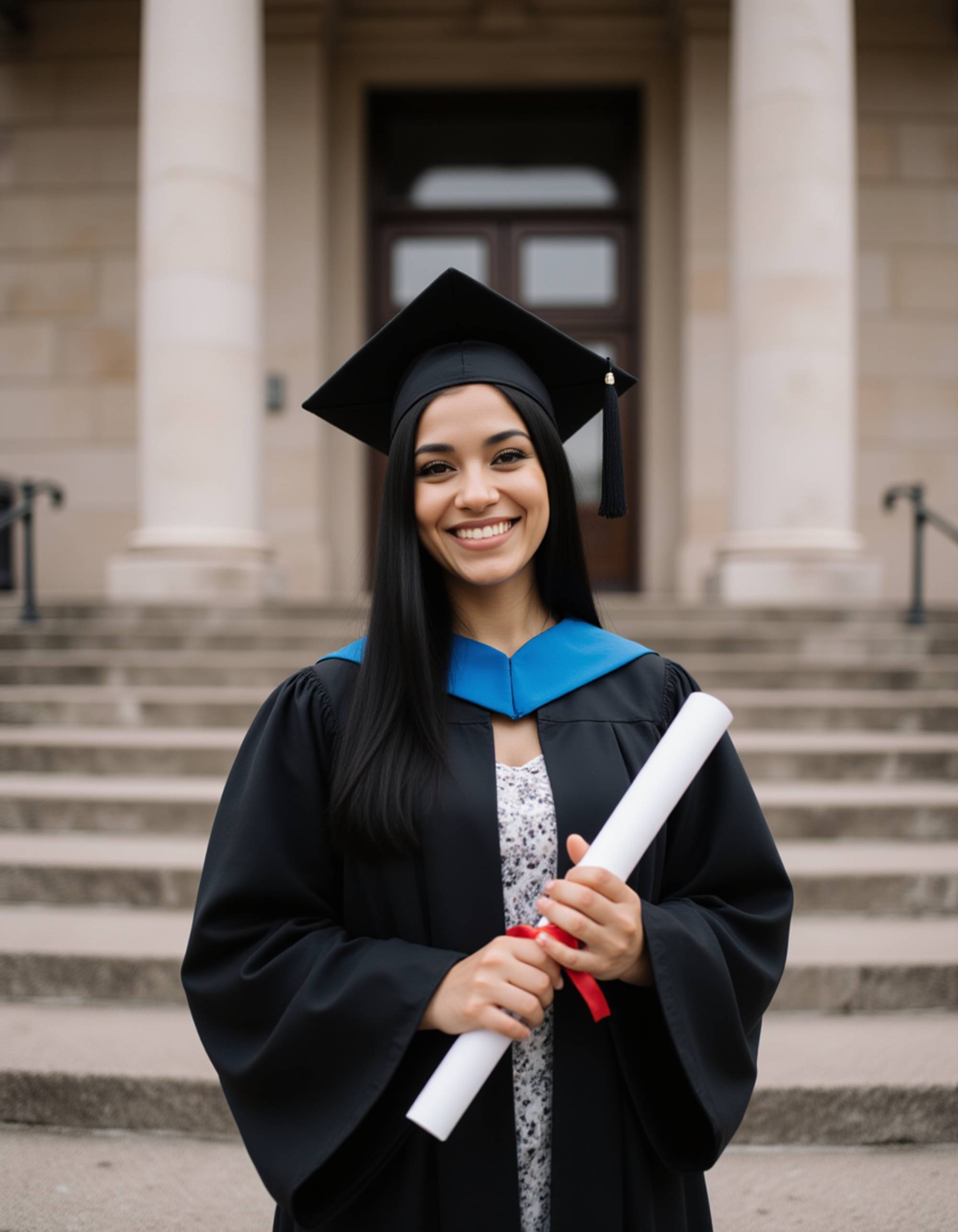 distinguished graduate in doctoral hood and tam, holding rolled diploma tied with ribbon, stately university columns and steps behind
