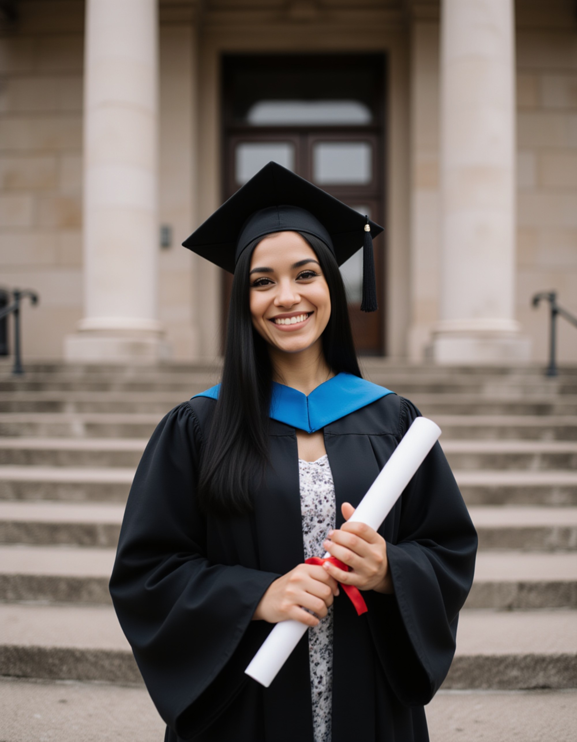 distinguished graduate in doctoral hood and tam, holding rolled diploma tied with ribbon, stately university columns and steps behind