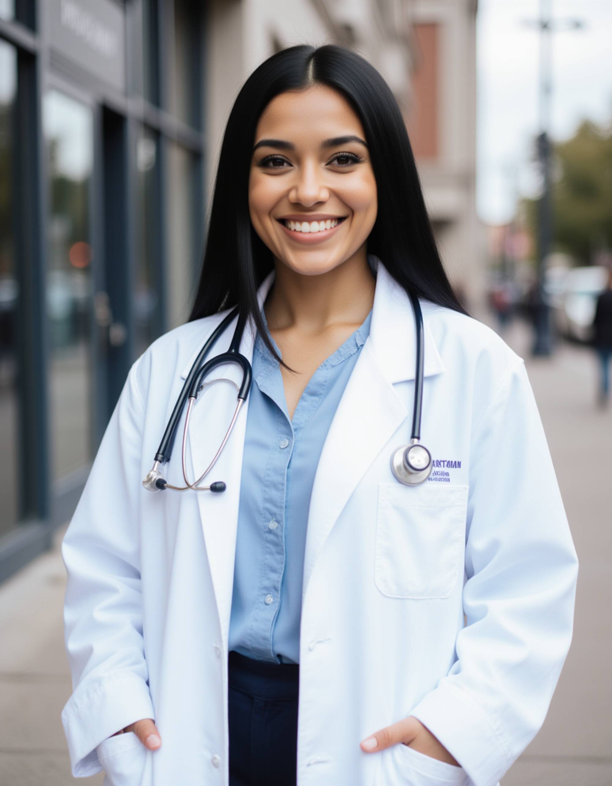 graduate model in pristine white medical coat over formal attire, stethoscope draped around neck, modern medical school building exterior