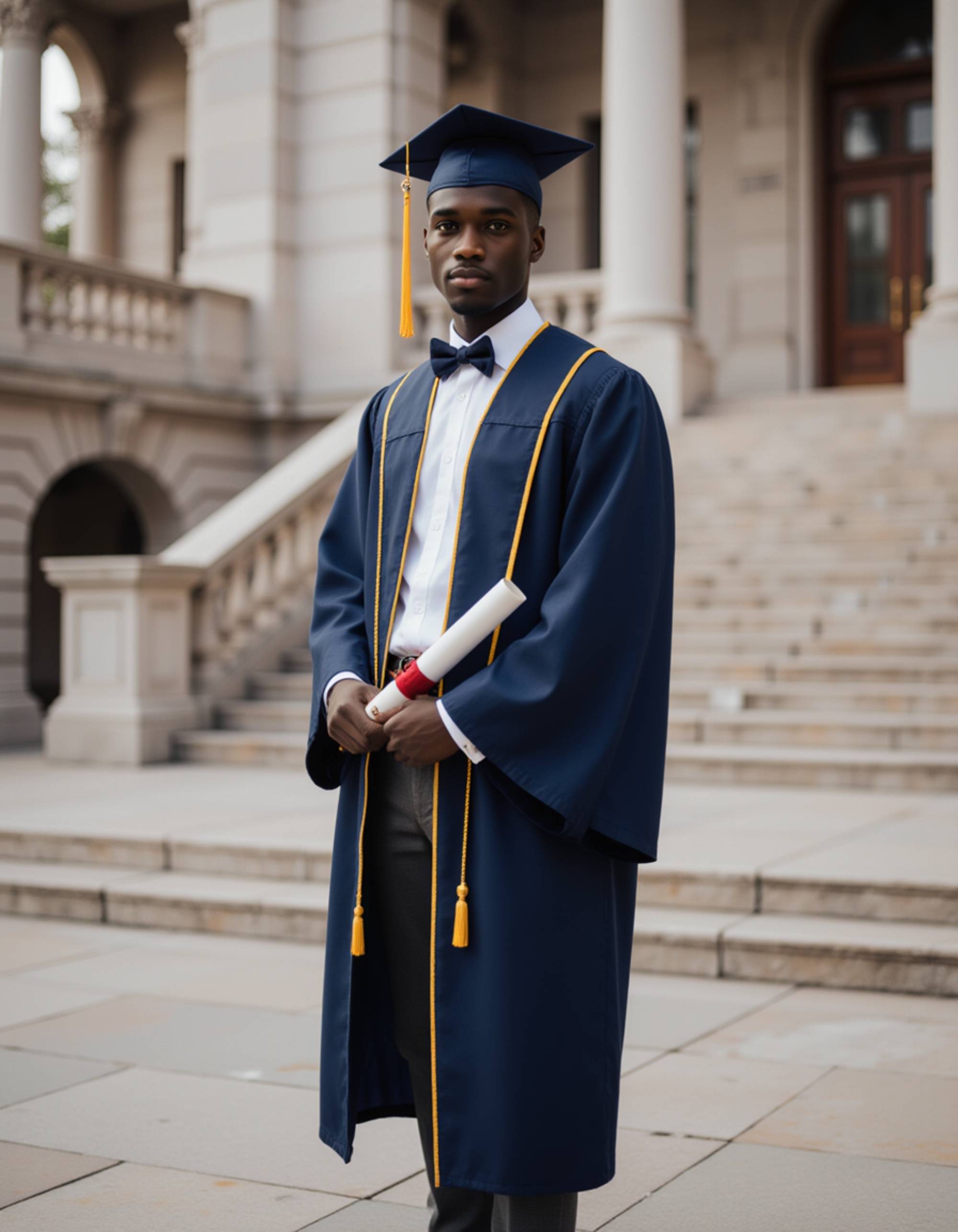 graduate model in navy blue cap and gown with gold trim, holding diploma scroll, standing on university's grand marble staircase with ornate railings