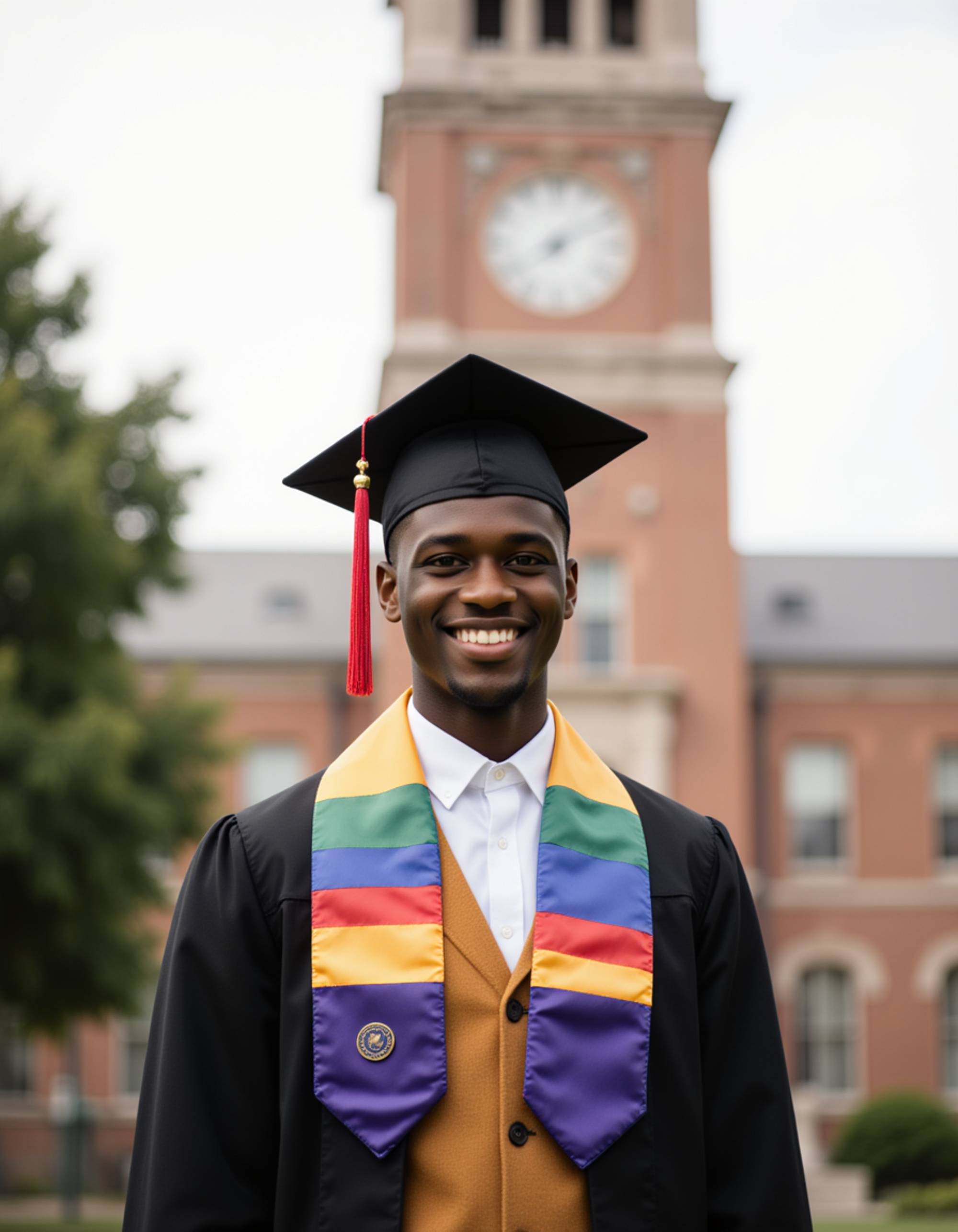 smiling graduate wearing graduation cap with custom tassel charm, colorful sash across gown, posed in front of iconic university clock tower